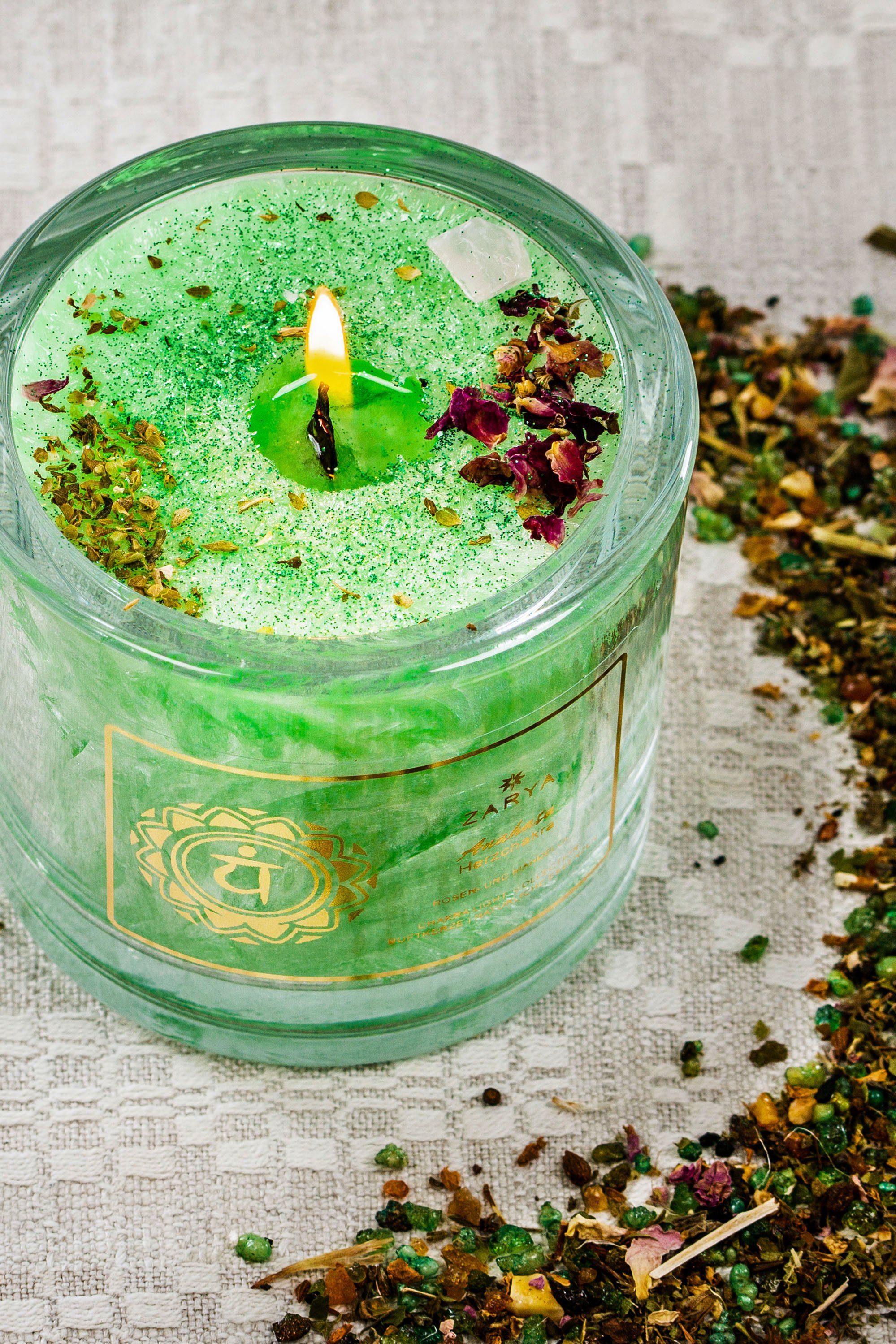 chakrana Duftkerze Chakra–Duftkerze aus Bio-Stearin, Glasbehälter mit edler Geschenkverpackung Grün