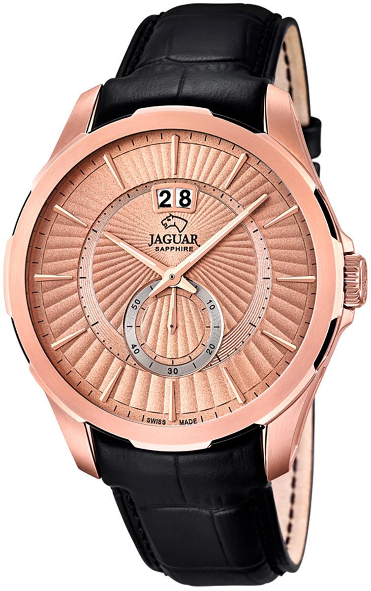 Quarzuhr J683/1, Leuchtzeiger Herren Uhr Armbanduhr schwarz, Quarz Elegant, Jaguar Elegant Lederarmband rund, JAGUAR Herren