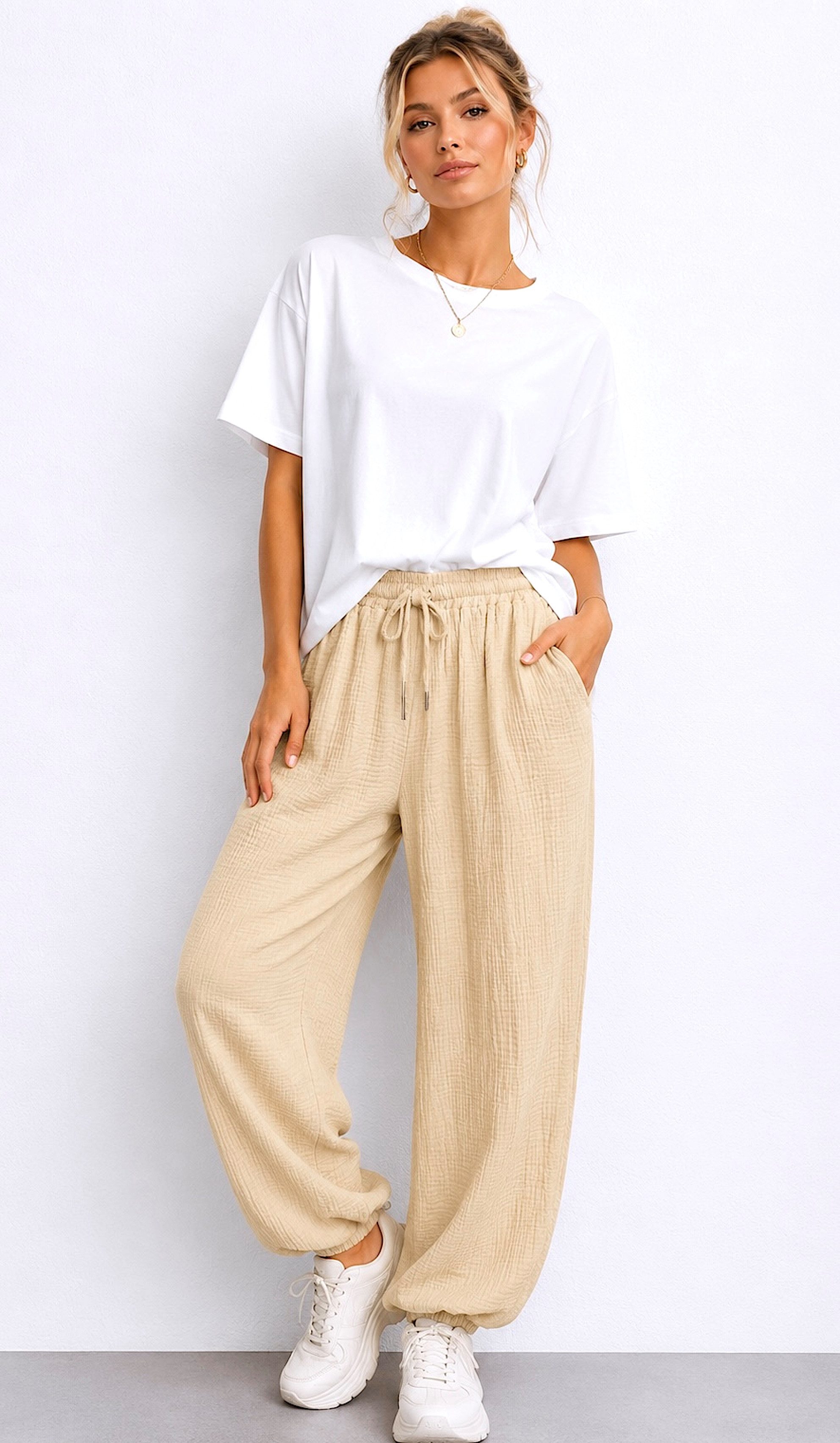 Worldclassca Stoffhose Worldclassca Musselin Stoff Hose Freizeit Sommer Leichte Haremhose Neue Kollektion - Stilvolle und gemütliche Sommer Mode für Damen