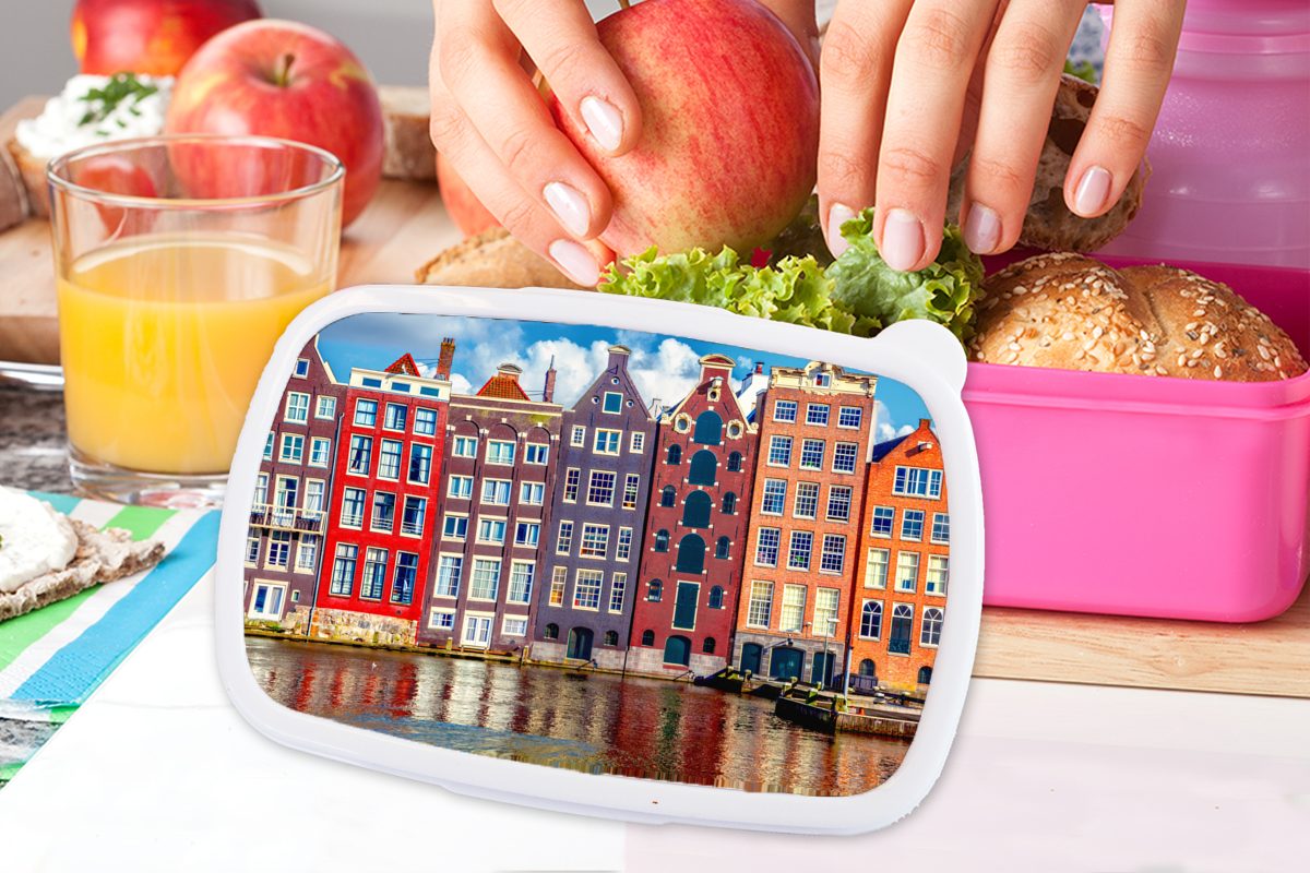 Kinder, Amsterdam, Grachtenhäuser für Lunchbox MuchoWow Kunststoff Kunststoff, - - Brotdose Erwachsene, Brotbox rosa Mädchen, Wasser Snackbox, (2-tlg),