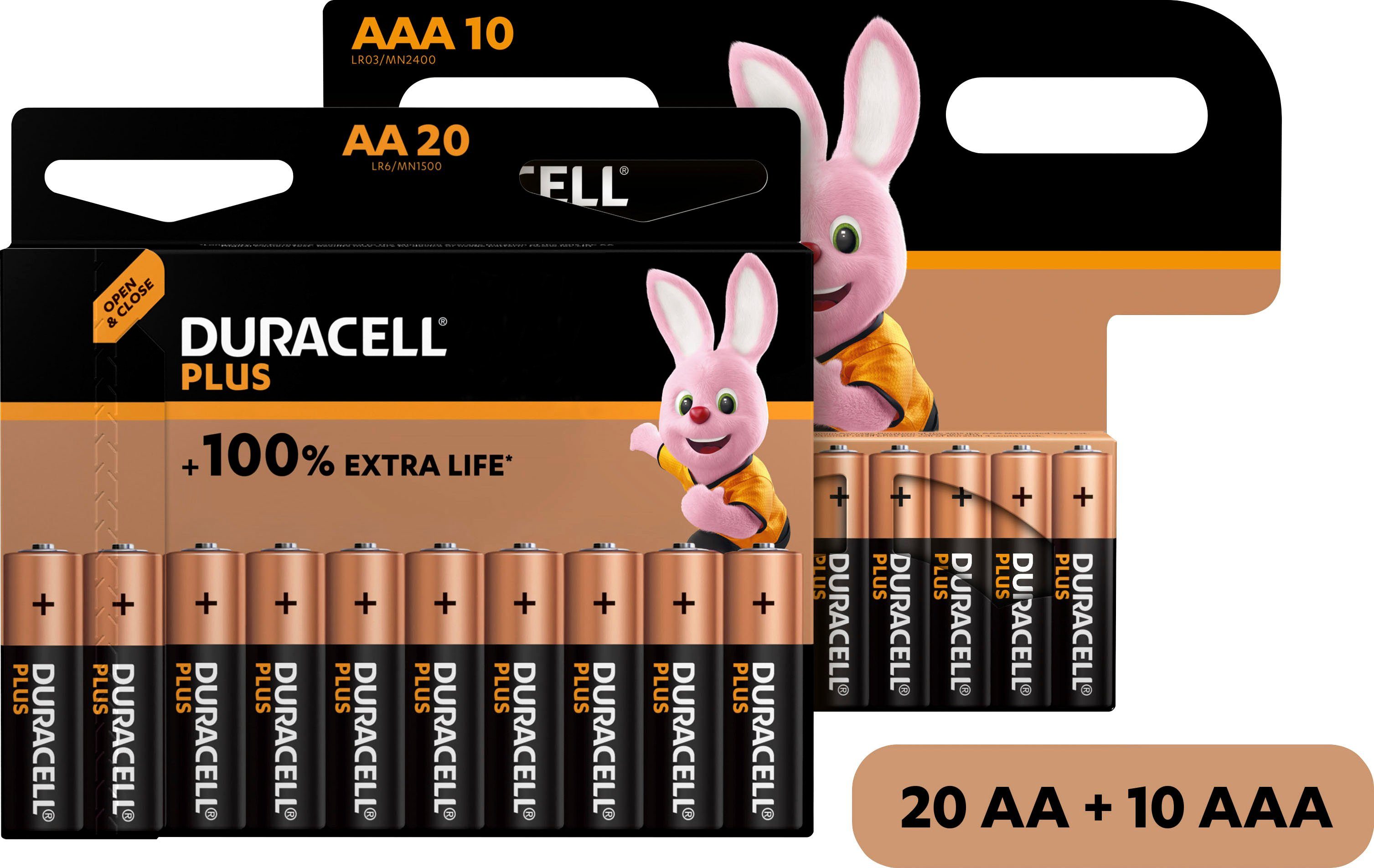 Duracell 20+10 Pack: 20x Mignon/AA/LR06 + 10x Micro/AAA/LR03 Batterie, LR06 (30 St), 1,5V