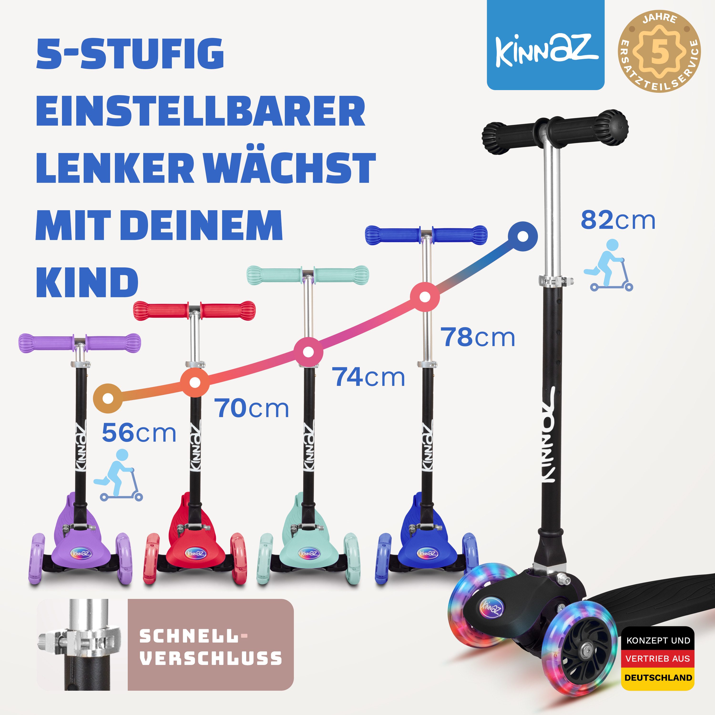 KINNAZ Tretroller Roller Kinder ab 3 Jahre Kinderoller Scooter LED faltbar einstellbar, (Kinderroller, kinnaz ONE), Händler aus Hamburg