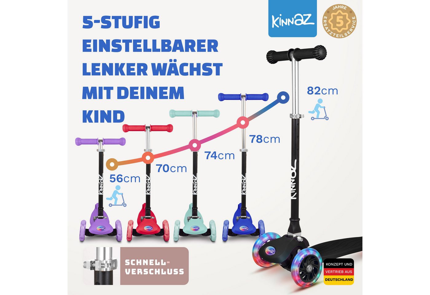 Thumbnail - KINNAZ Dreiradscooter Kinderroller ab 3 Jahre, LED, faltbar, Premium, Roller Kinder 4 Jahre, (Kinderroller, kinnaz ONE),...