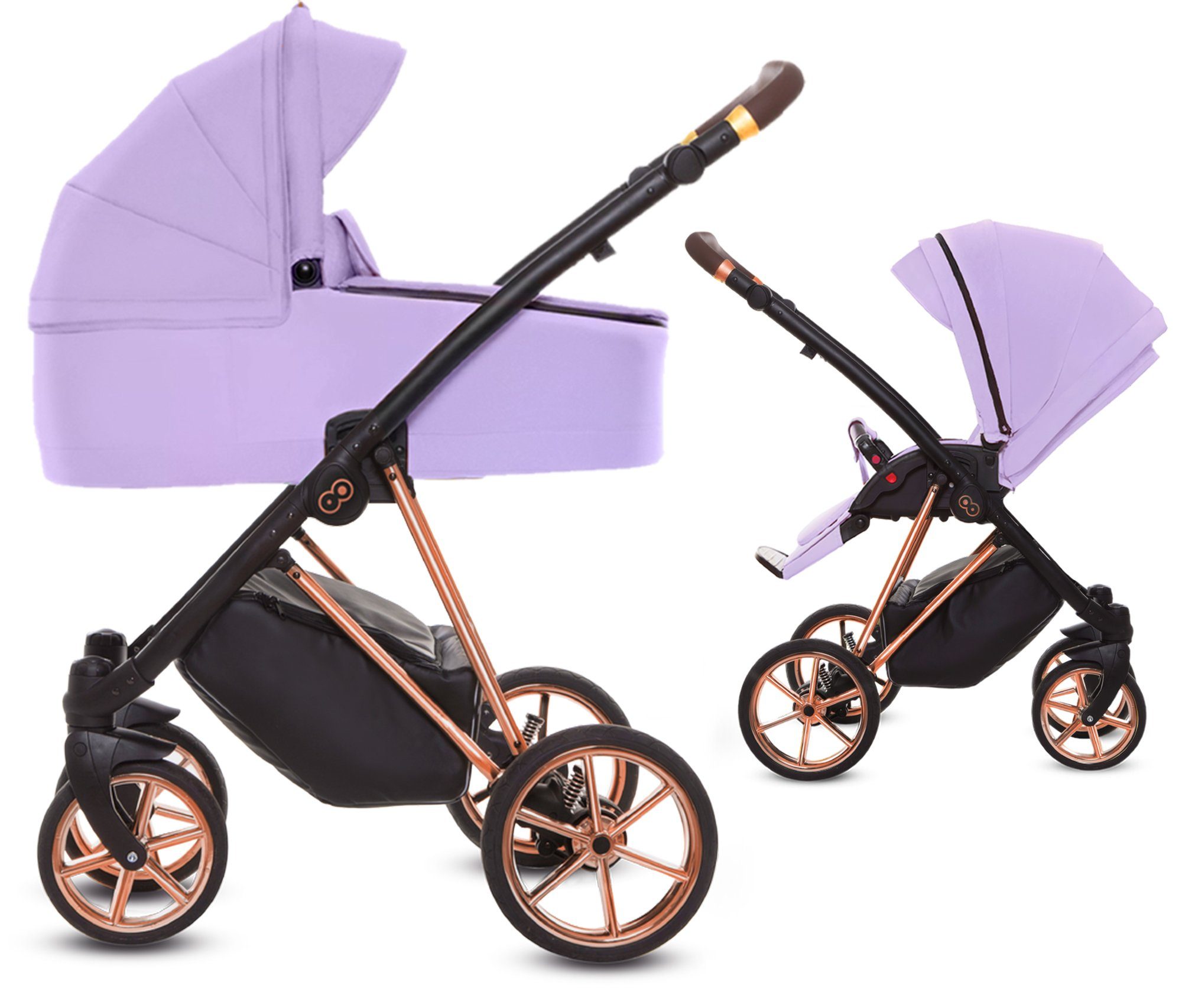 TPFFamily Kombi-Kinderwagen 2in1 Musse Ultra, Baby Buggy Babywanne 5-Punkt-Sicherheitsgurt, großes Zubehör-Set Kinderwagen 2 in 1 Stoff Lila, Gestell Rosé Gold