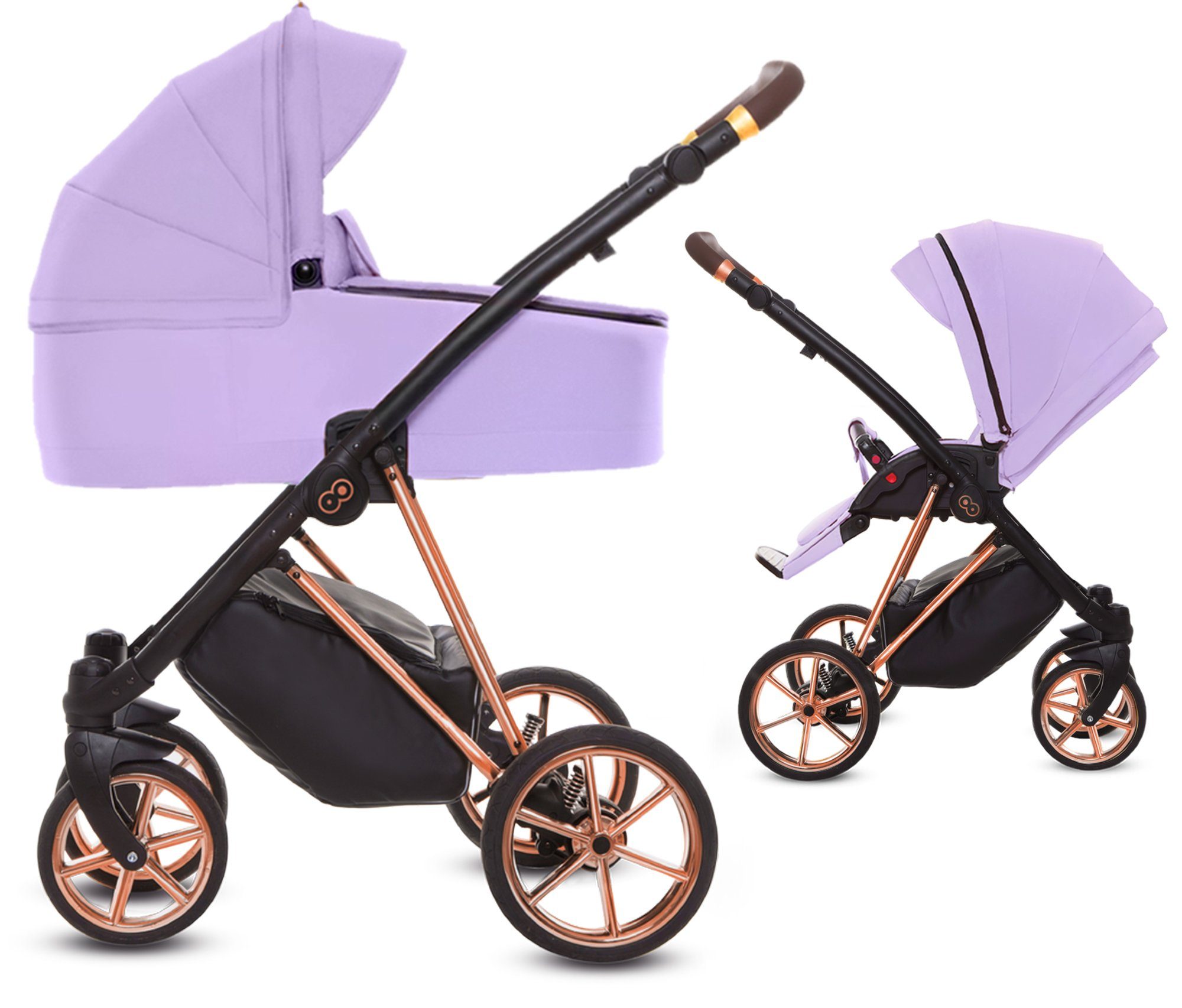 TPFLiving Kombi-Kinderwagen 2in1 Musse Ultra, Baby Buggy Babywanne 5-Punkt-Sicherheitsgurt, großes Zubehör-Set Kinderwagen 2 in 1 Stoff Lila, Gestell Rosé Gold Lila | Gestell Roségold