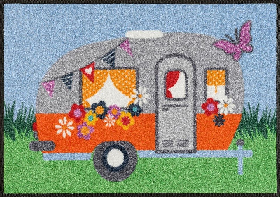 Fußmatte Happy Camping, wash+dry by Kleen-Tex, rechteckig, Höhe: 7 mm,  Schmutzfangmatte, Motiv Wohnwagen, rutschhemmend, waschbar, Absolut  rutschfest und PVC frei