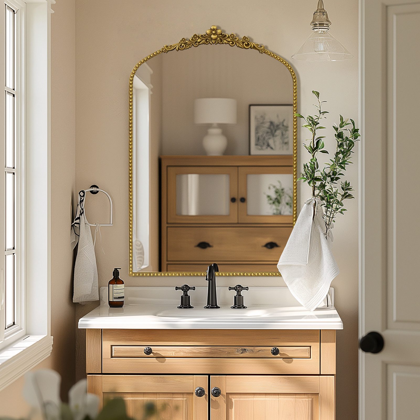 G-LEAF Spiegel Bogen-Wandspiegel im Barockstil, Metallrahmen mit Perlenverz günstig online kaufen