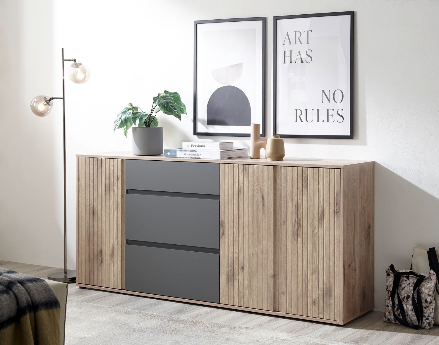 Bega Consult Sideboard NOVARA, Viking Eiche Dekor, Grau Matt, 3 Türen, 3 Schubladen mit Soft-Close-Funktion, B 186 x H 85 x T 42 cm