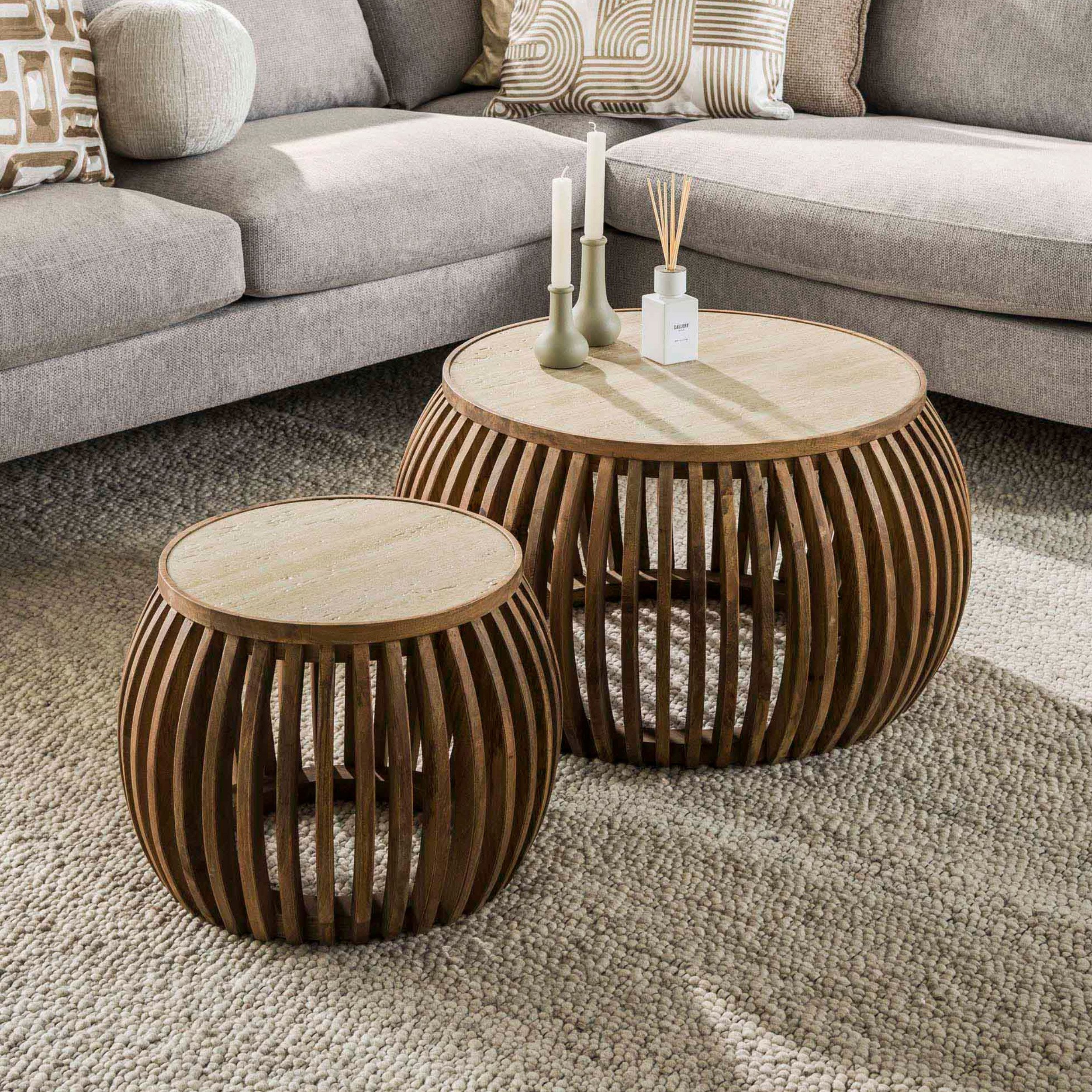 alesvelt Couchtisch Couchtisch-Set ALBA FERA Bauchige Design-Satztische (2er Set), Travertin-Keramik