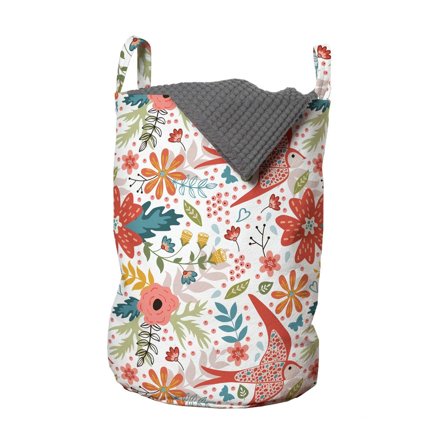 Abakuhaus Wäschesäckchen Wäschekorb mit Griffen Kordelzugverschluss für Waschsalons, Blumen Frühlings-Blüten-Vogel-Blumen