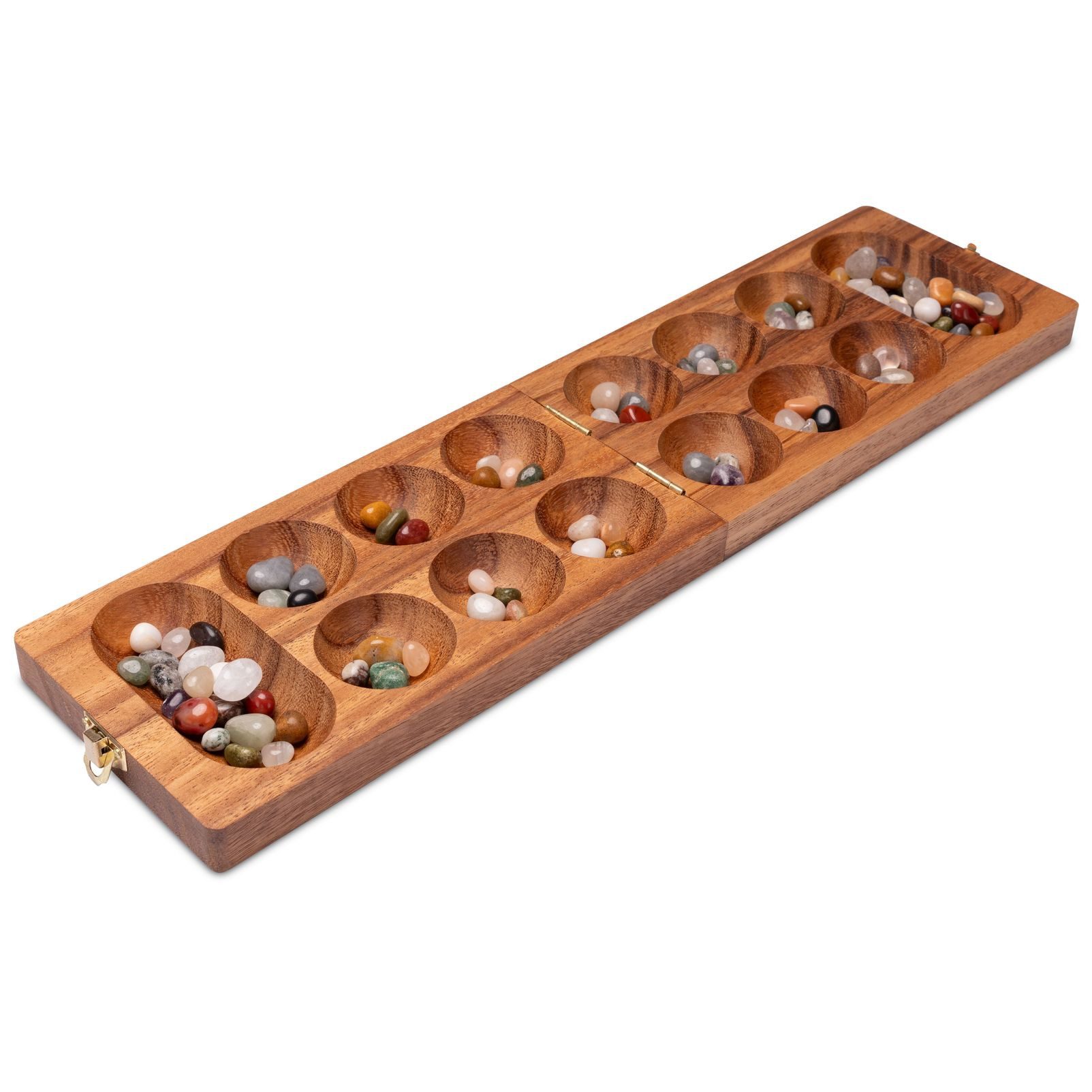 LOGOPLAY Spiel Kalaha Gr. L mit Metallverschluss Silber, Gesellschaftsspiel, Kalaha Spiel mit Metallverschluss Gold Klein für 2 Spieler Spielfeld