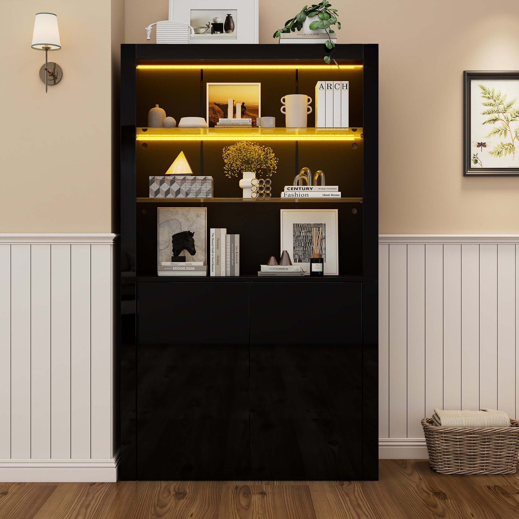 KLAM HOME Vitrine 100 x 35 x 170 cm Sofa-Sideboard, Hochglanz-Aufbewahrungsschrank (Vitrinenschränke mit LED-Leuchten, Displayschicht aus gehärtetem Glas) Vertikaler Hochschrank für Wohnzimmer Esszimmer, MDF, Weiß