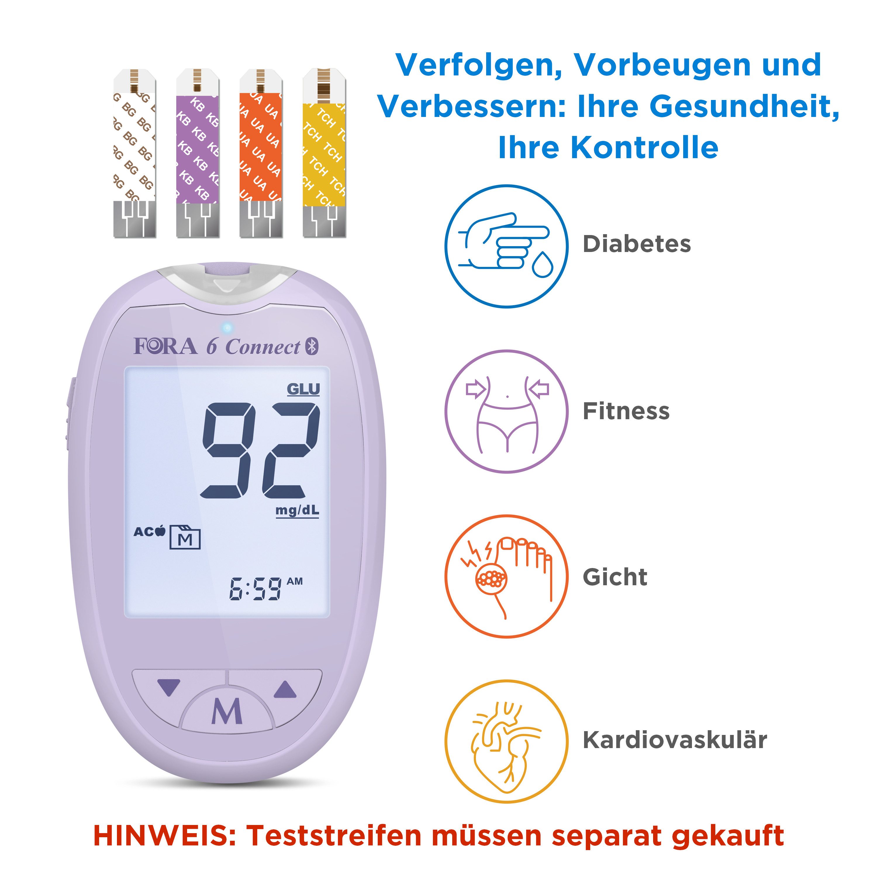 FORA Cholesterin Messgerät 6 Connect, Blutzucker, Keton, Cholesterin, Harnsäure, Hämoglobin, Hämatokrit Test, All-in-One Gesundheits Messgerät für die Familie