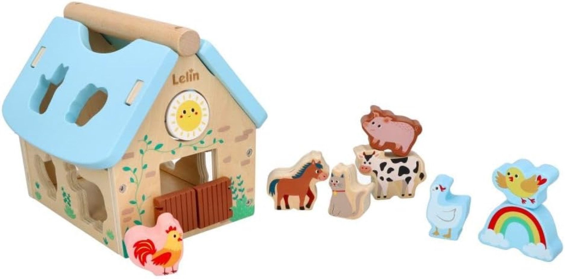 Lelin Lernspielzeug tragbares Holzhaus mit Tieren, Steckspiel mit Holzbausteinen, Klappbares Dach, Griff und Steckspiel – Bild 3 von 5