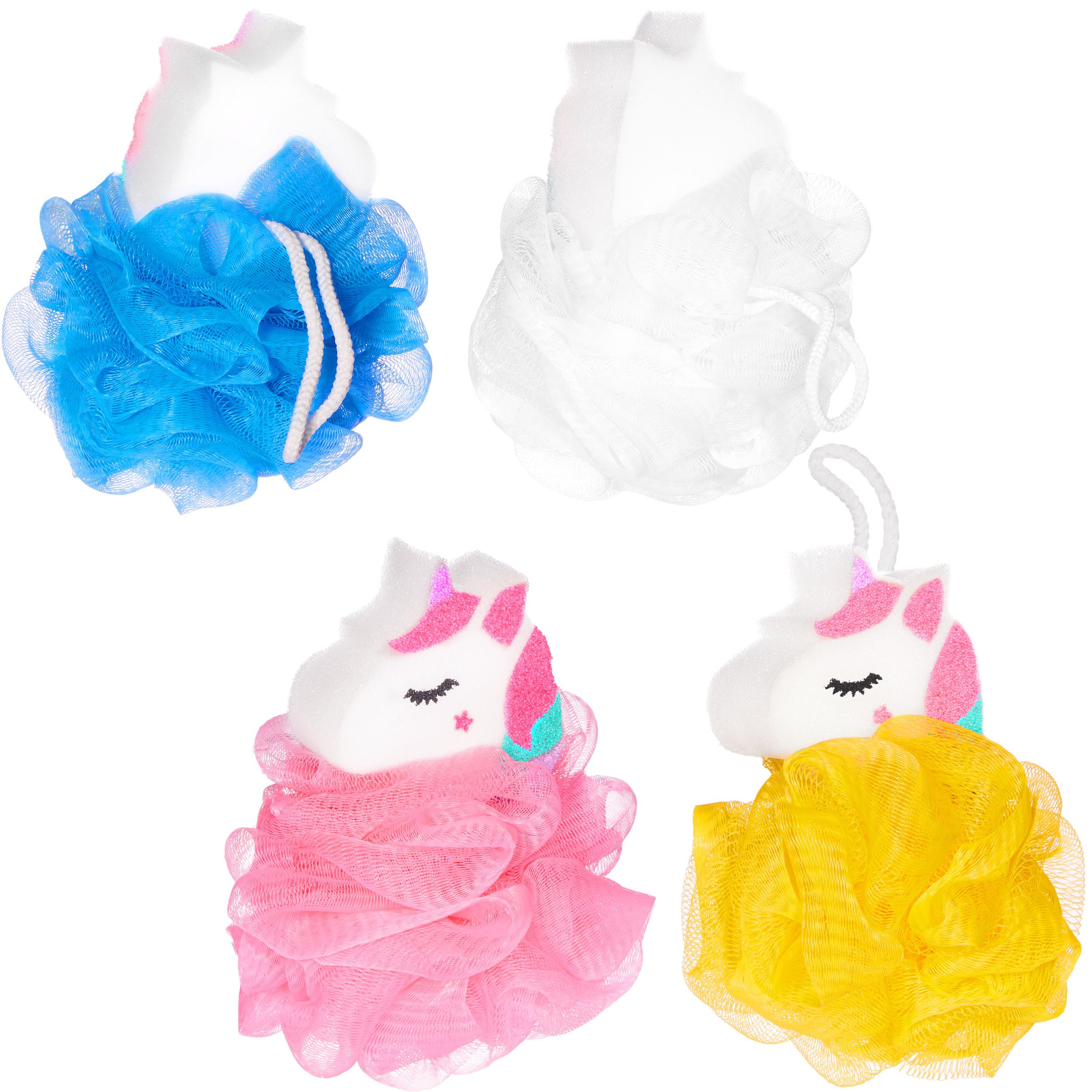BRUBAKER Duschschwamm Badeschwamm Set Einhorn - Badeknäuel Schwamm - Rosa und Bunt, 4-tlg., Körperreinigungsschwamm für Kinder und Erwachsene inkl. Geschenkbox