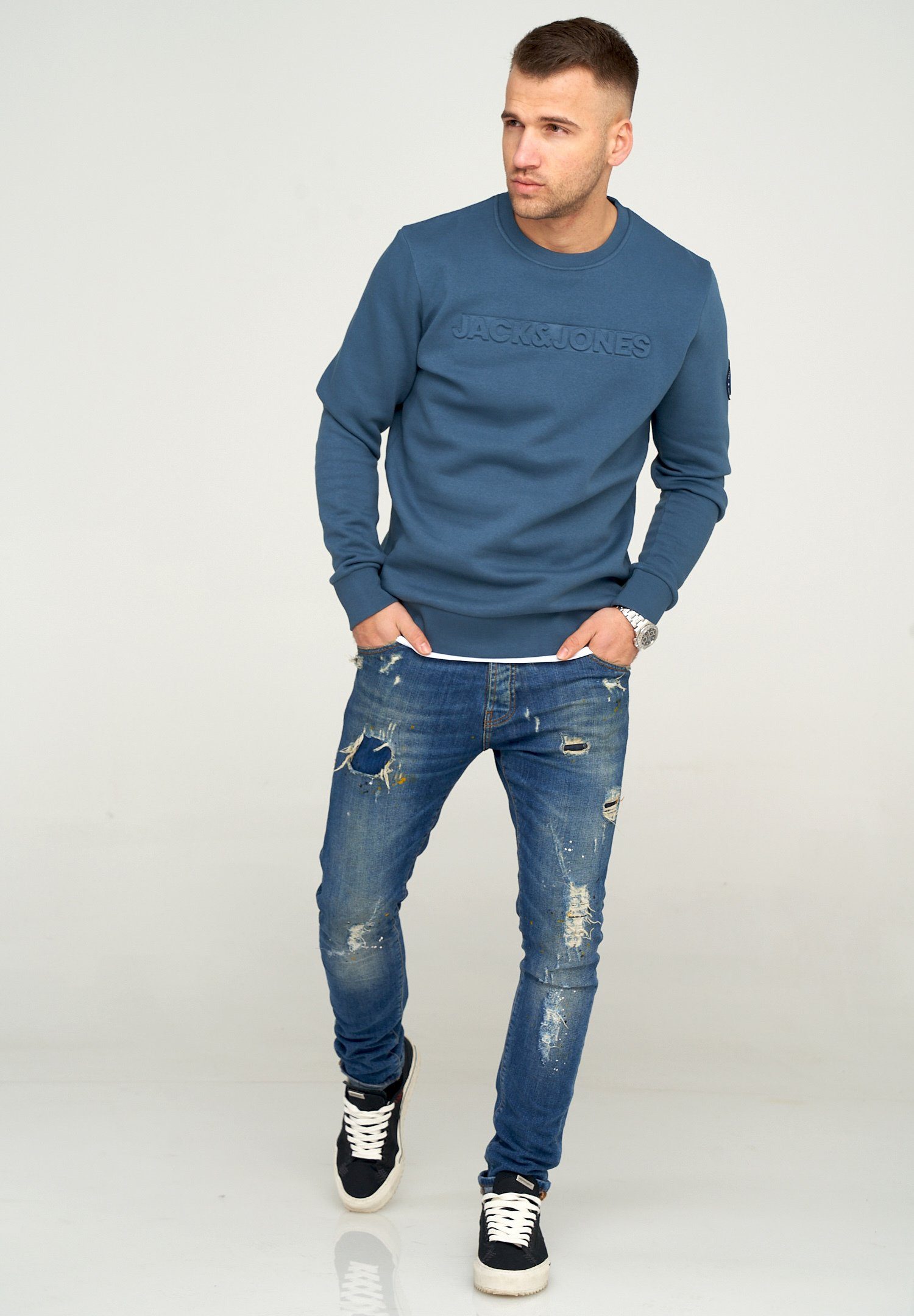 Jack & Jones Sweatshirt JCOBOOM SWEAT CREW NECK Sweatpullover mit Logo und Patches Langarm Shirt Baumwollmischung