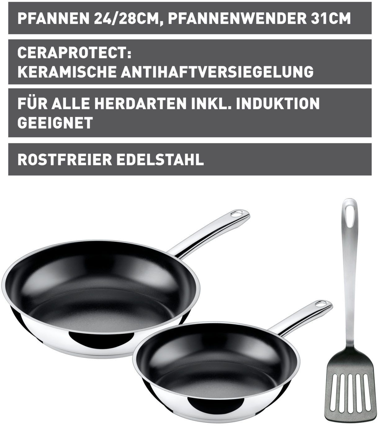 Silit Pfannen-Set Talis 3-teilig, mit Pfannenwender, Bratpfanne 24, 20 cm, Cromargan® Edelstahl Rostfrei 18/10 (Set, 3-tlg., je 1 Pfanne Ø 24/20 cm, H: 5 cm), Pfanne Induktion, Edelstahl beschichtet, backofenfest bis 250 Grad