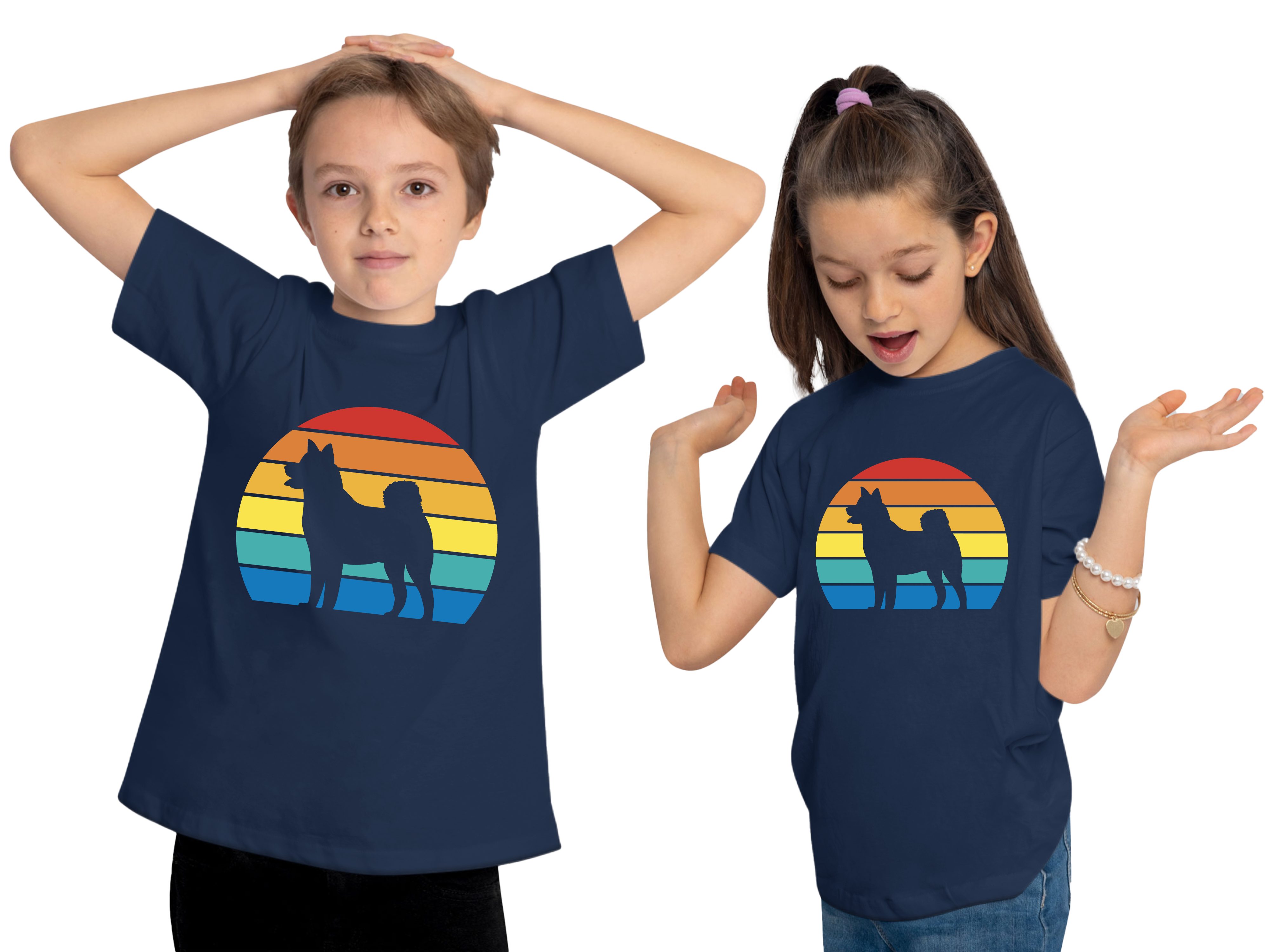 MyDesign24 Print-Shirt Kinder Hunde Baumwollshirt Aufdruck, T-Shirt i236 mit Bild bedruckt - Akita navy Retro blau