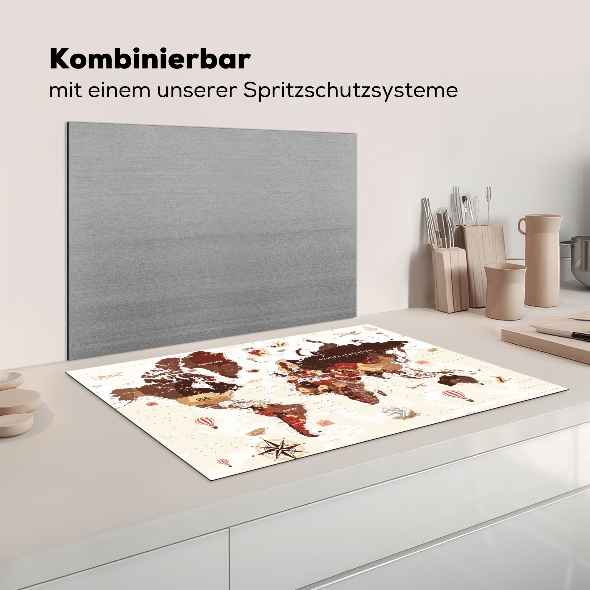 cm, Rot, küche, Induktionskochfeld die für - Schutz Ceranfeldabdeckung - Vinyl, (1 tlg), MuchoWow Braun Weltkarte Herdblende-/Abdeckplatte 81x52