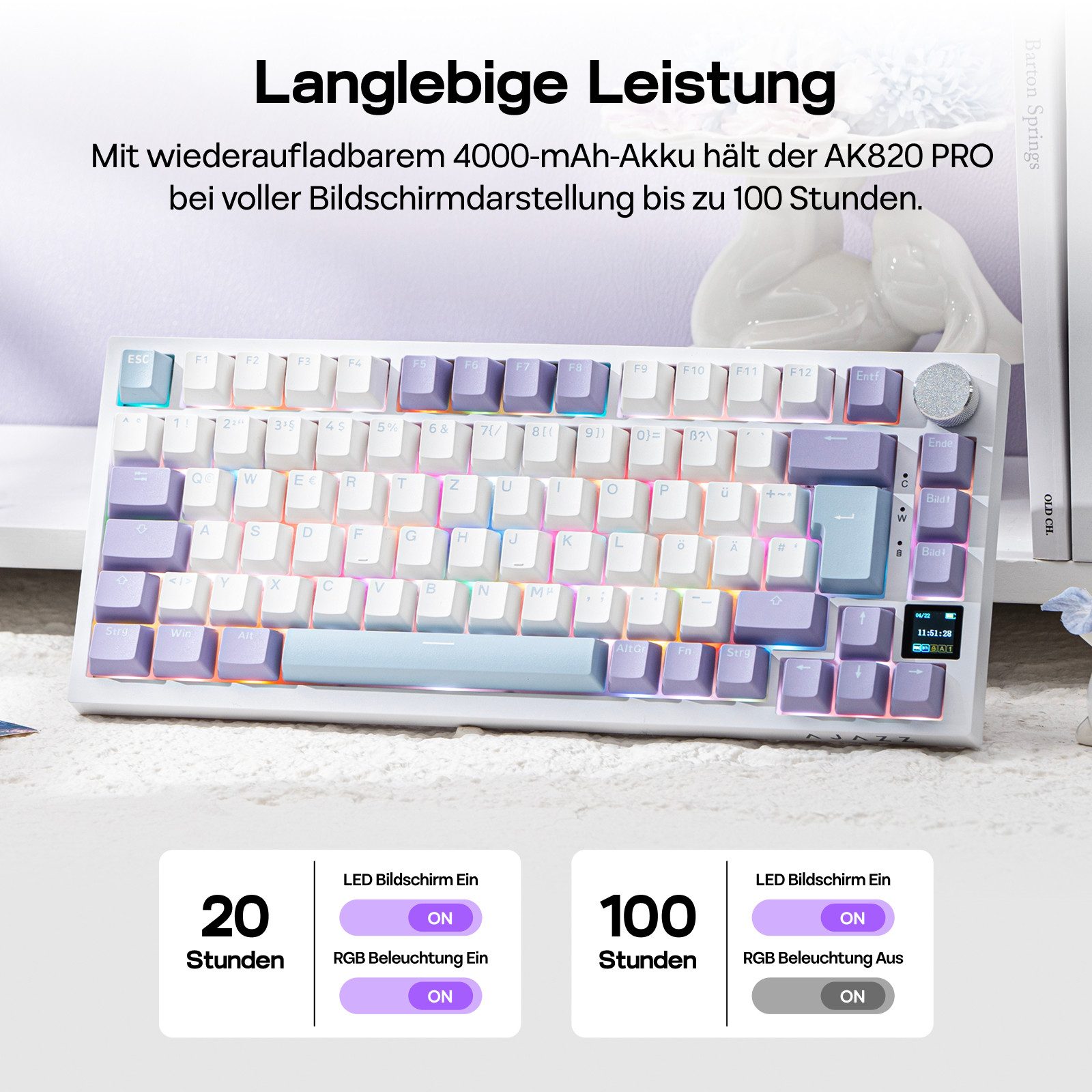 AJAZZ AK820 Pro ISO-DE Mechanische, RGB-Gaming(75) Tastatur (QWERTZ-DE-Layout, BT/2,4 GHz/Kabel, TFT-Display, Creamy Gasket)