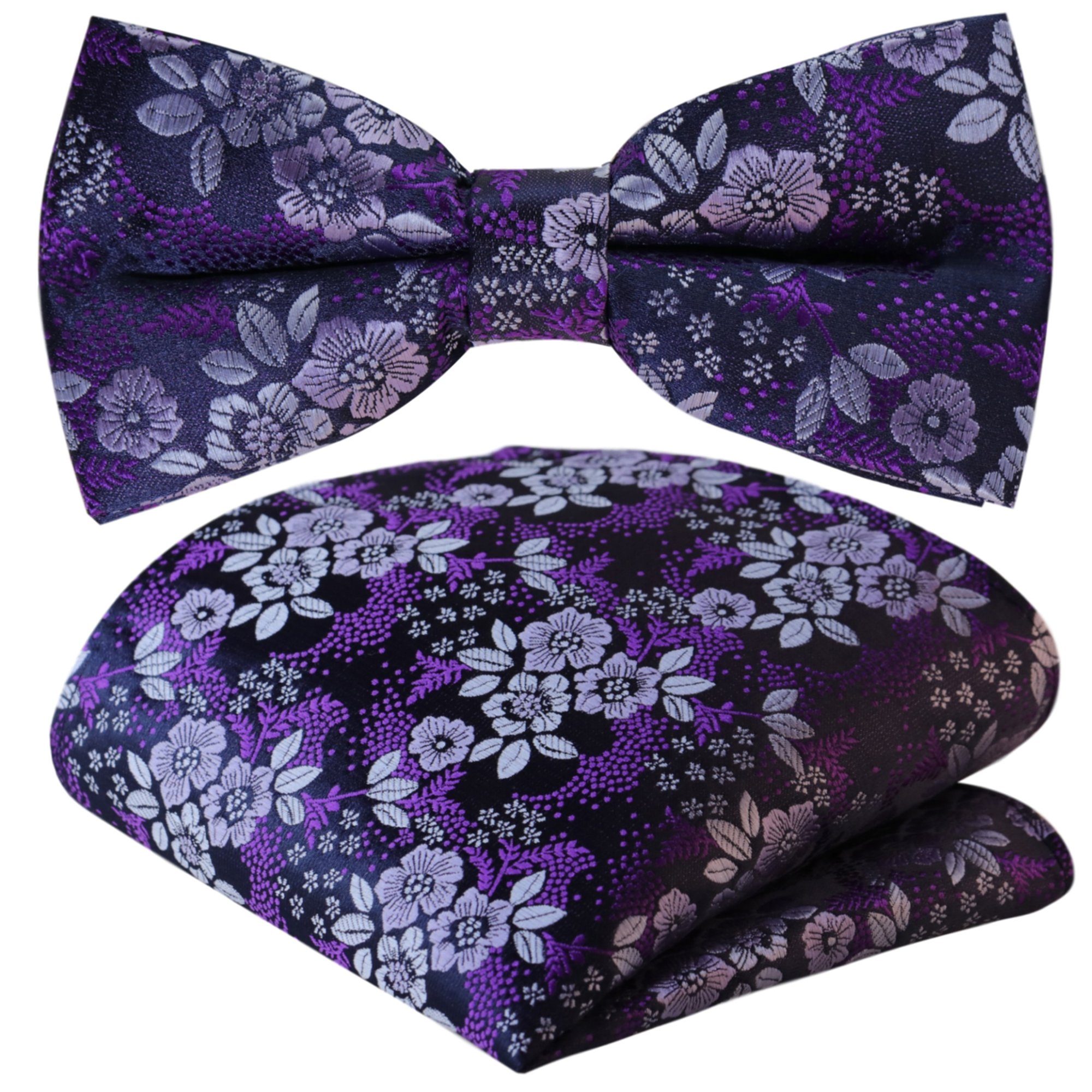 Verstellbar, Herrenschleife, Floral, Schleife Blumen, Jacquard Satin, Flieder-Violett mit Herren-Fliege Einstecktuch) Touch Schwarz Festlich, Hochzeit Paisley GASSANI Hochzeitsfliege Geblümt Seide Vor-Gebunden Tuch Bunt Mauve (Set, Perlviolett 2-St., Fliege Blau-Lila