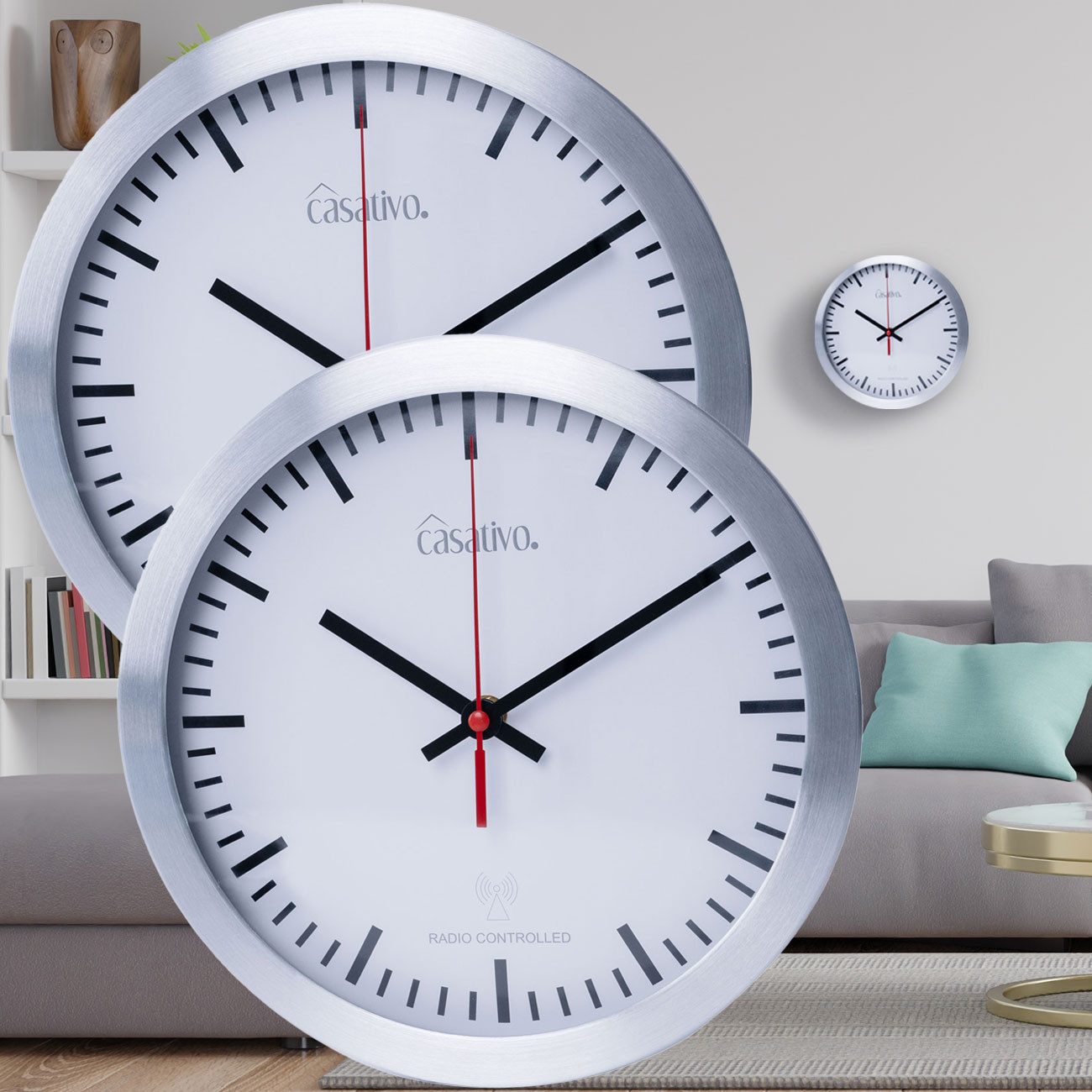 Casativo Funkwanduhr Funk Wanduhr Ø25cm Alu Glas automatische Wanduhr mit DCF-Empfang (automatischer Zeiteinstellung/Batteriebetrieb/für Wohnzimmer&Büro)
