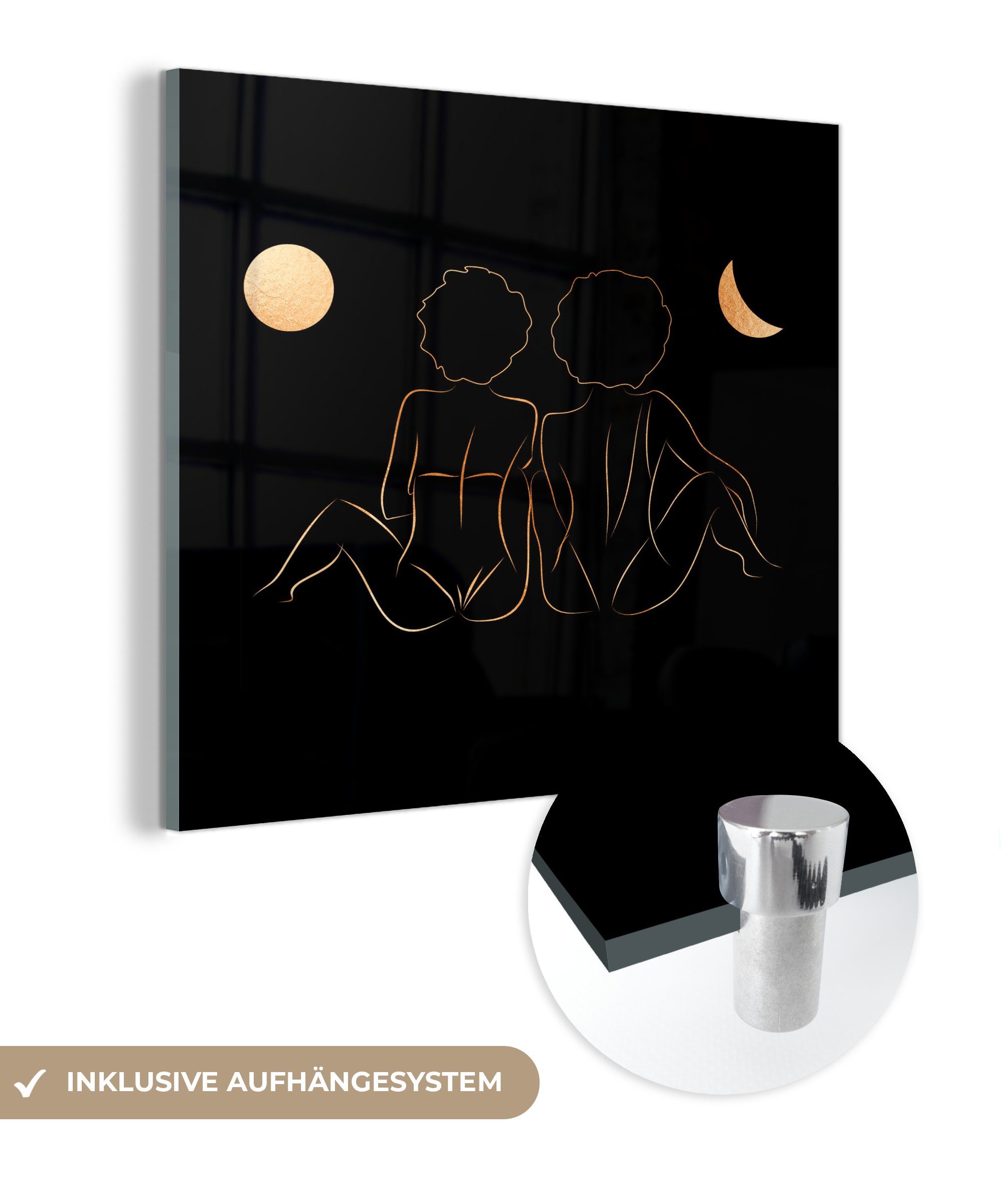 MuchoWow Acrylglasbild Frauen - Mond - Gold - Strichzeichnung, (1 St), Glasbilder - Bilder auf Glas Wandbild - Foto auf Glas - Wanddekoration