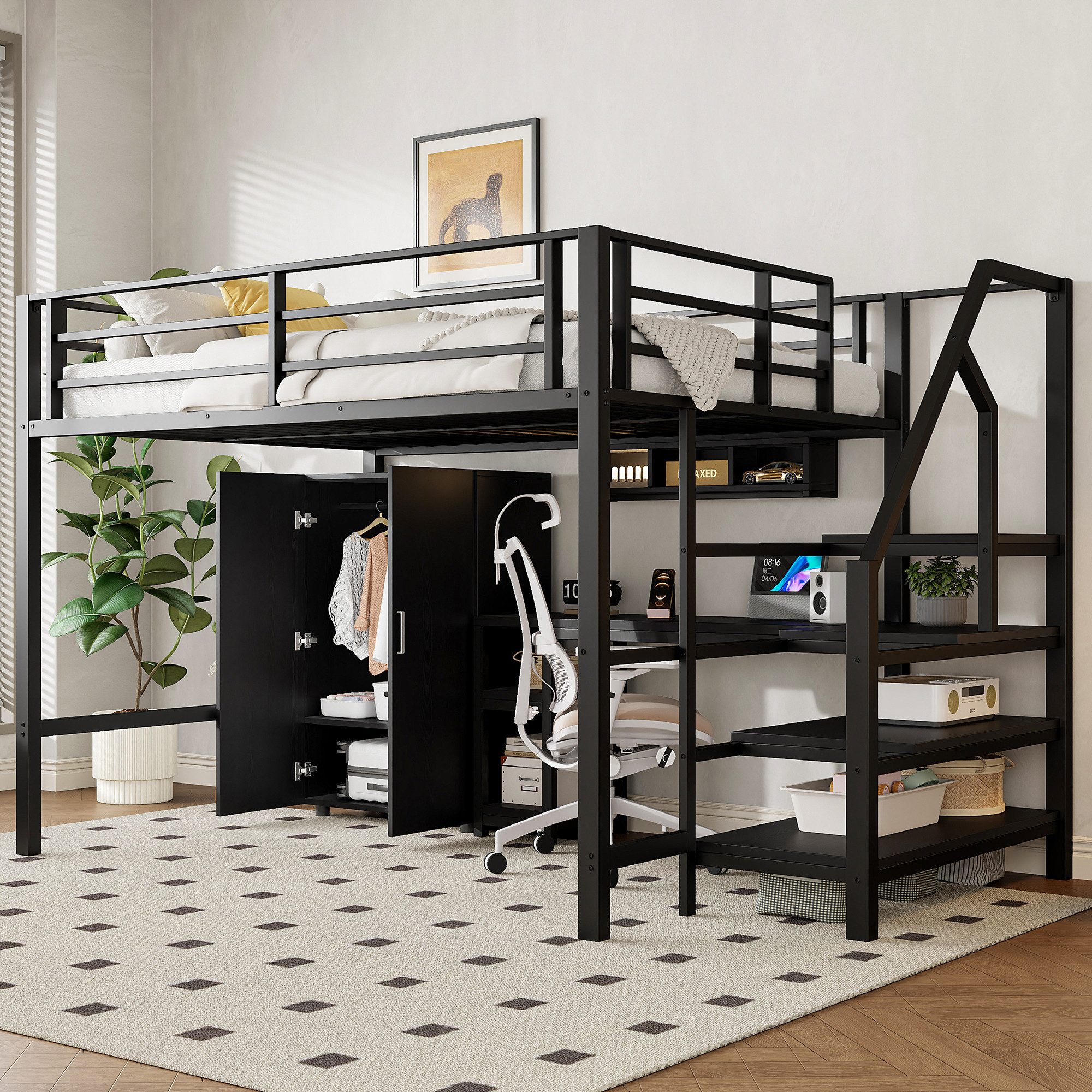 Flieks Hochbett Metallbett 140x200cm mit Kleiderschrank günstig online kaufen