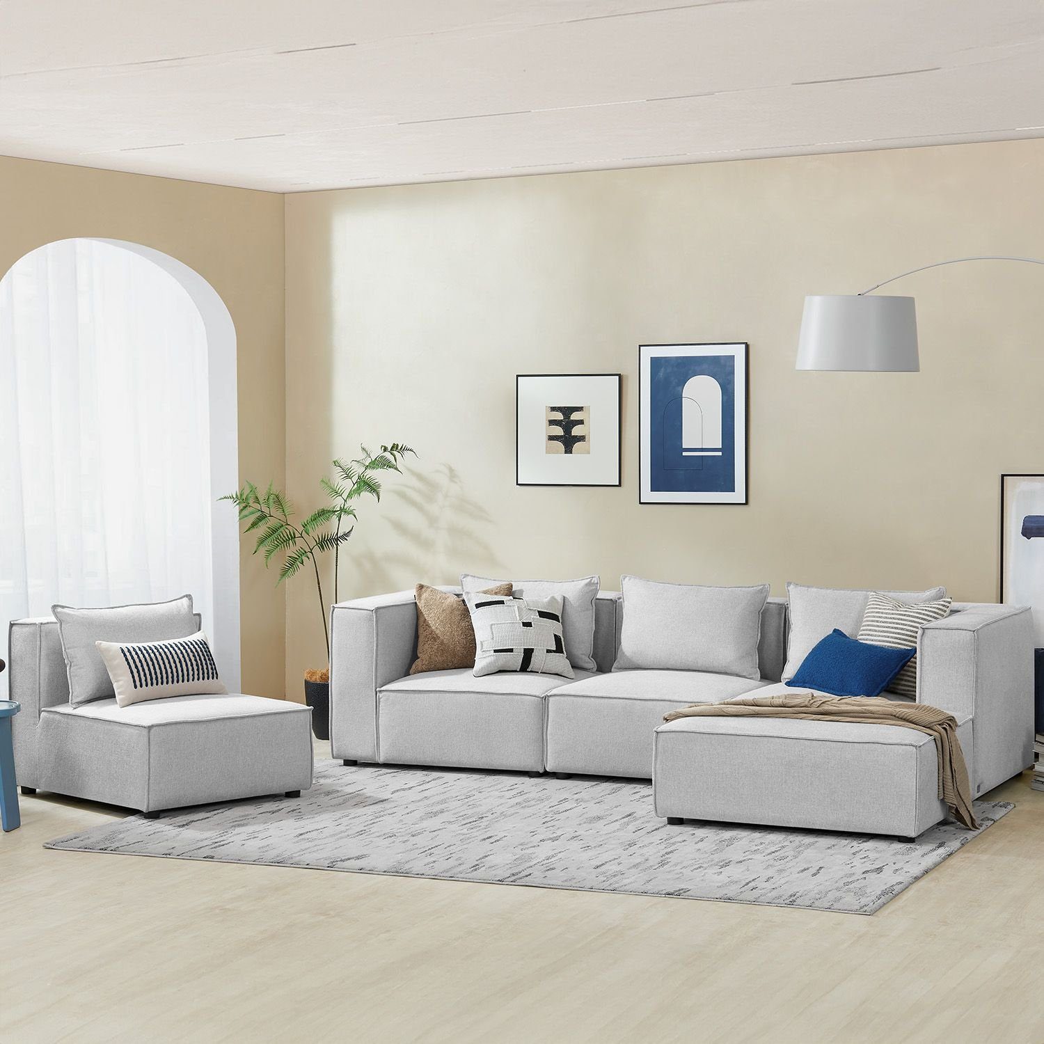 Juskys Ecksofa Domas, 5 Teile, XL, modulare Couch für Wohnzimmer, 4 Sitzer mit Ottomane & Kissen