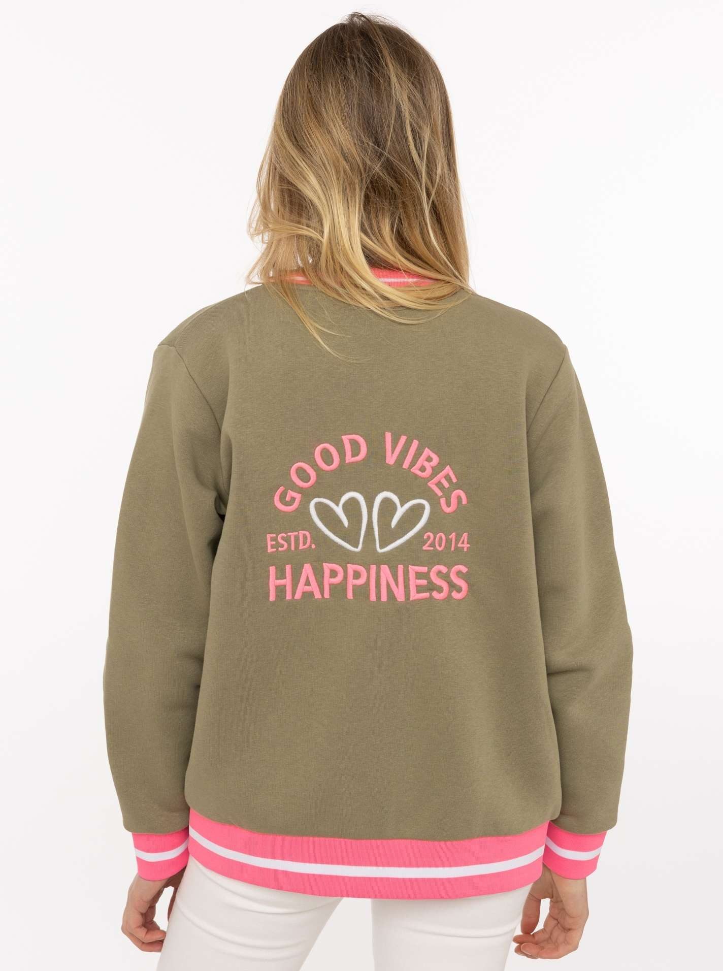 Zwillingsherz Sweatjacke "College" Reißverschluss, gestreiften Rippbündchen, Eingriffstaschen, Stickerei