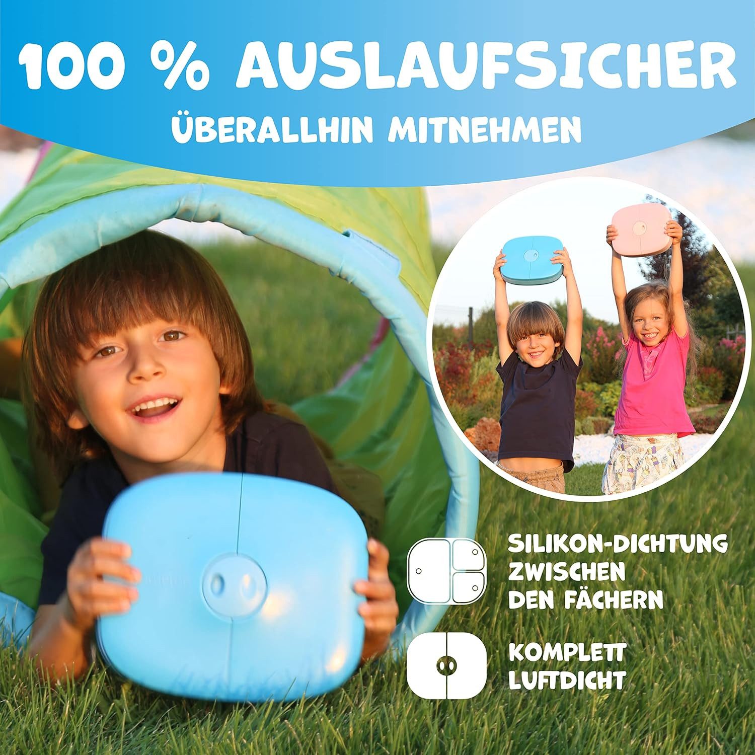 UMAMI Lunchbox Kids - mit Besteck, auslaufsicher, langlebig, Bento-Stil, (Kita-Jungen und Mädchen,BPA-frei, mikrowellen- und spülmaschinenfest), 3 große Fächer,ideale Portionsgrößen für 3 bis 9 Jahre
