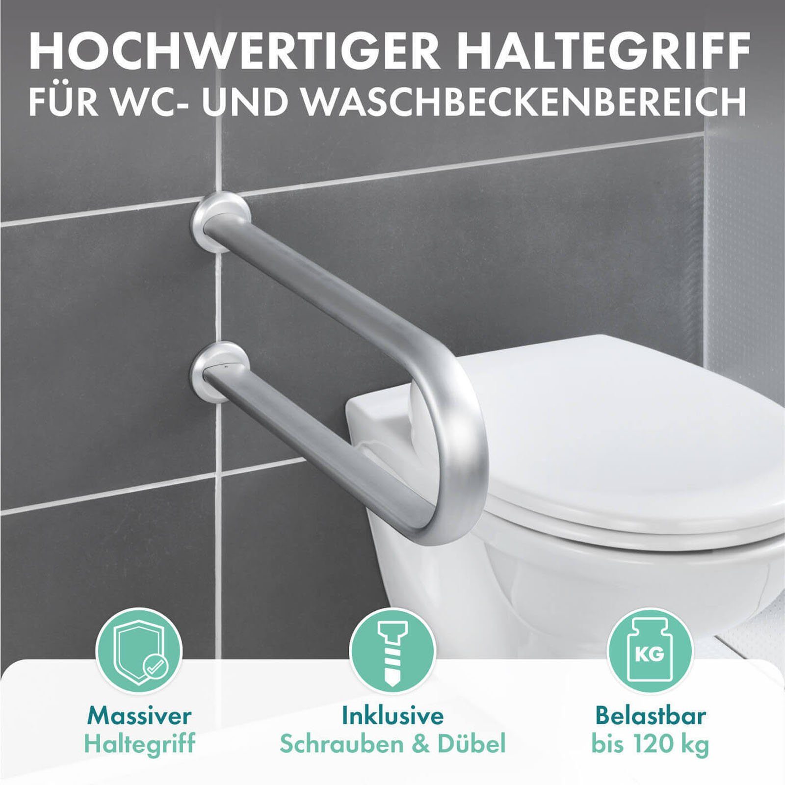 WENKO WC-Aufstehhilfe Bad Stützgriff Secura Premium Badstützgriff Wand, belastbar bis 120 kg, Aluminium, 53 x 6.5 x 23 cm, Silber matt – Bild 3 von 5
