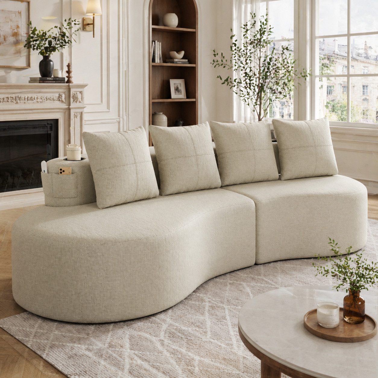 KLAM HOME Sofa Sofa 240x109x63cm Leinenstoff, 4 Kissen 4-Sitzer Wohnzimmer, Hochdichtschaum Federstücke, Integrierter Tassenhalter, Atmungsaktiv Strapazierfähig, 250kg Tragfähigkeit Einfache Montage