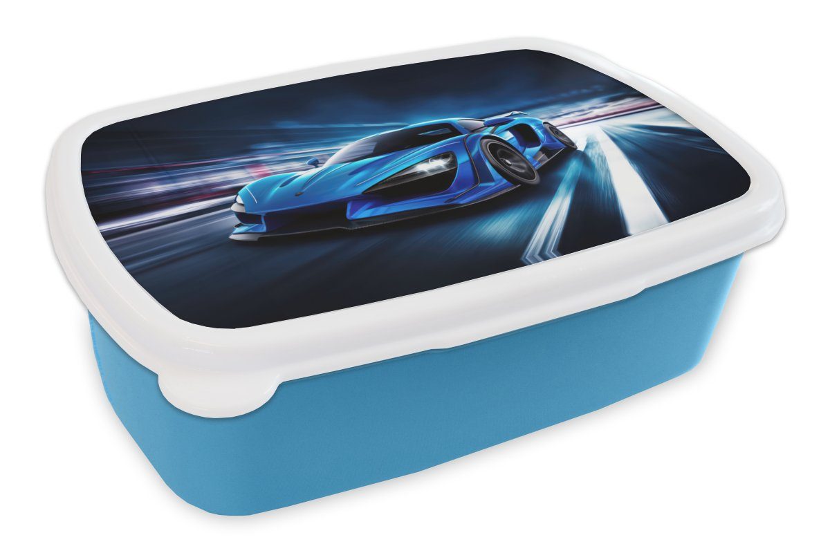 MuchoWow Lunchbox Auto - Blau - Jungen - Kind, Kunststoff, (2-tlg), Brotdose, Lunchbox, Brotbox für Kinder und Erwachsene