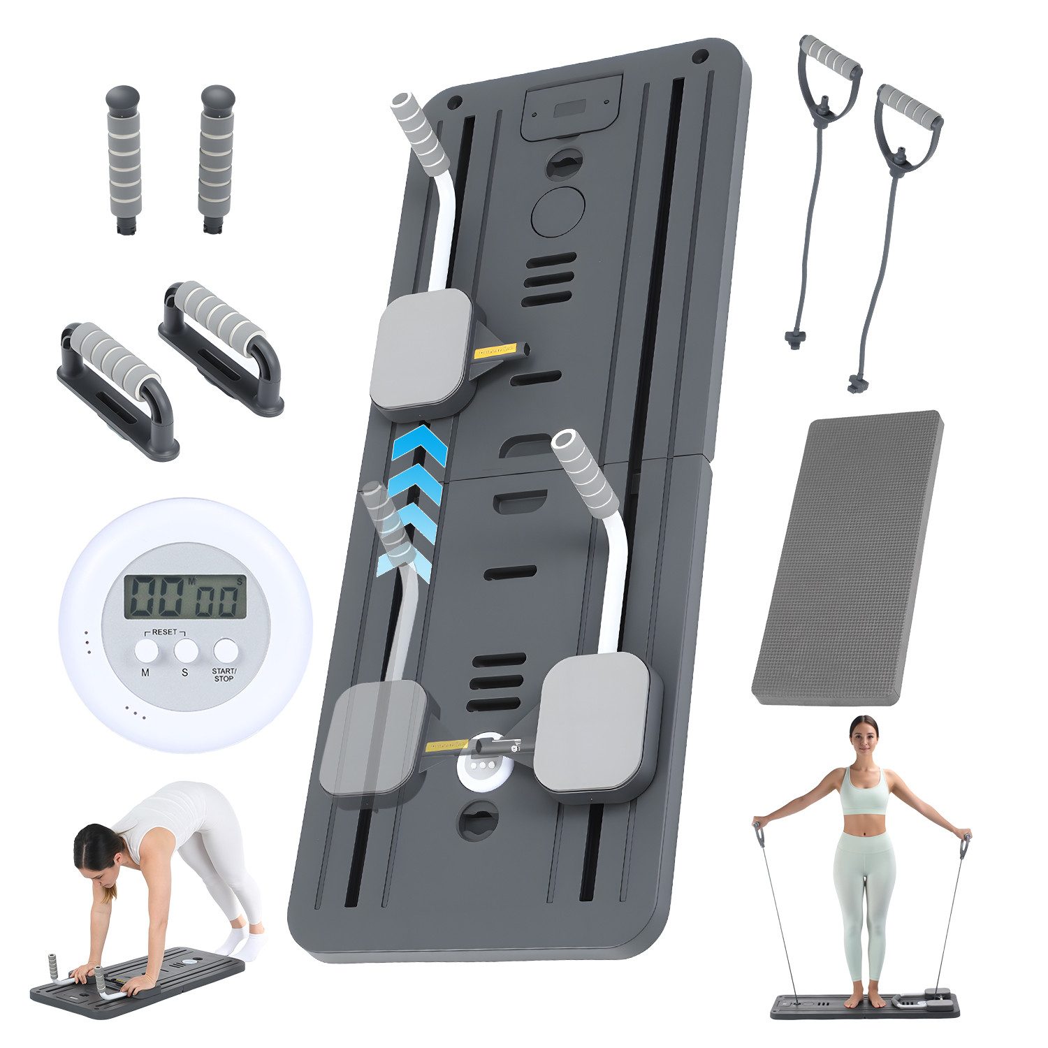 oyajia Ganzkörpertrainer Faltbare Pilates-Fitnessboard, Multifunktionale Trainingsplattform, (Mit Widerstandsbändern, Griffen & Fußstützen für Vielseitige Übungen, 11-tlg., Inklusive Yoga-Pad & Timer – ideal für Home-Workout & Core-Training), Rutschfestes Material, Kompakt Verstaubar & Komfortables Handling
