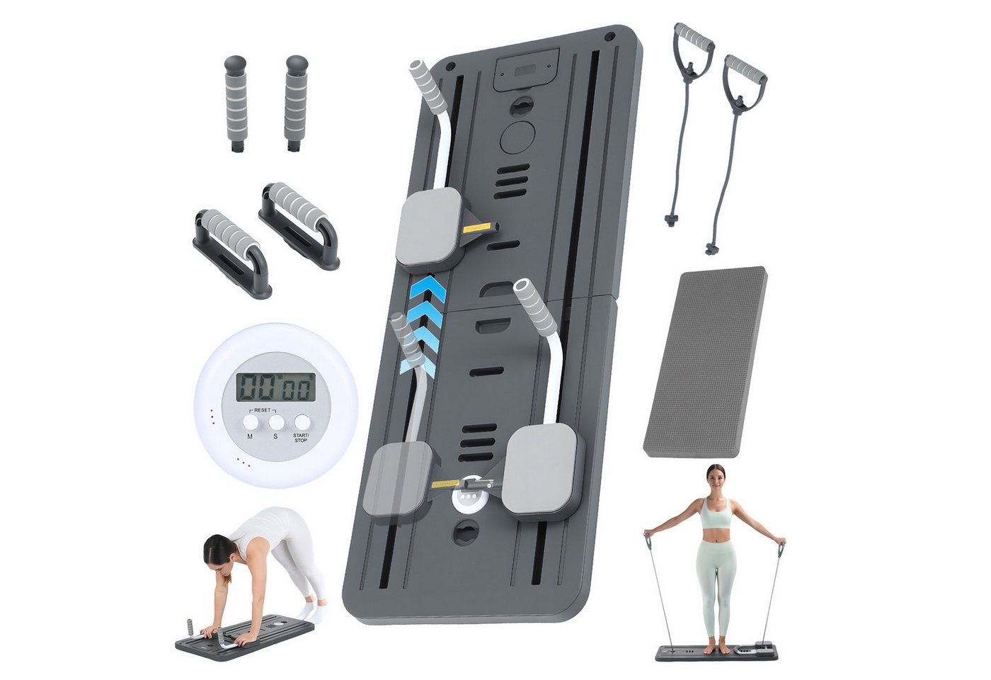 kehot Ganzkörpertrainer Faltbare Pilates-Fitnessboard, Multifunktionale Trainingsplattform, (Mit Widerstandsbändern, Griffen & Fußstützen für Vielseitige Übungen, 11-tlg., Inklusive Yoga-Pad & Timer – ideal für Home-Workout & Core-Training), Rutschfestes