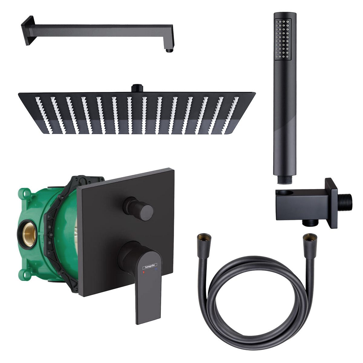 Belvit Duscharmatur Duschset mit Hansgrohe Unterputz-Wannenmischer, Chrom & Matt-Schwarz (Spar-Set, Verschiedene Setgrößen) für Dusche & Wanne, einfache Montage, Anti-Kalk-Funktion Handbrause