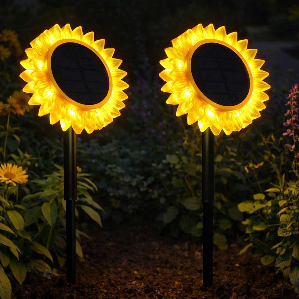 GLOBO LIGHTING LED Solarleuchte, LED-Leuchtmittel fest verbaut, Warmweiß, 2x Solarleuchte Stecklampe Sonnenblume schwarz gelb LED