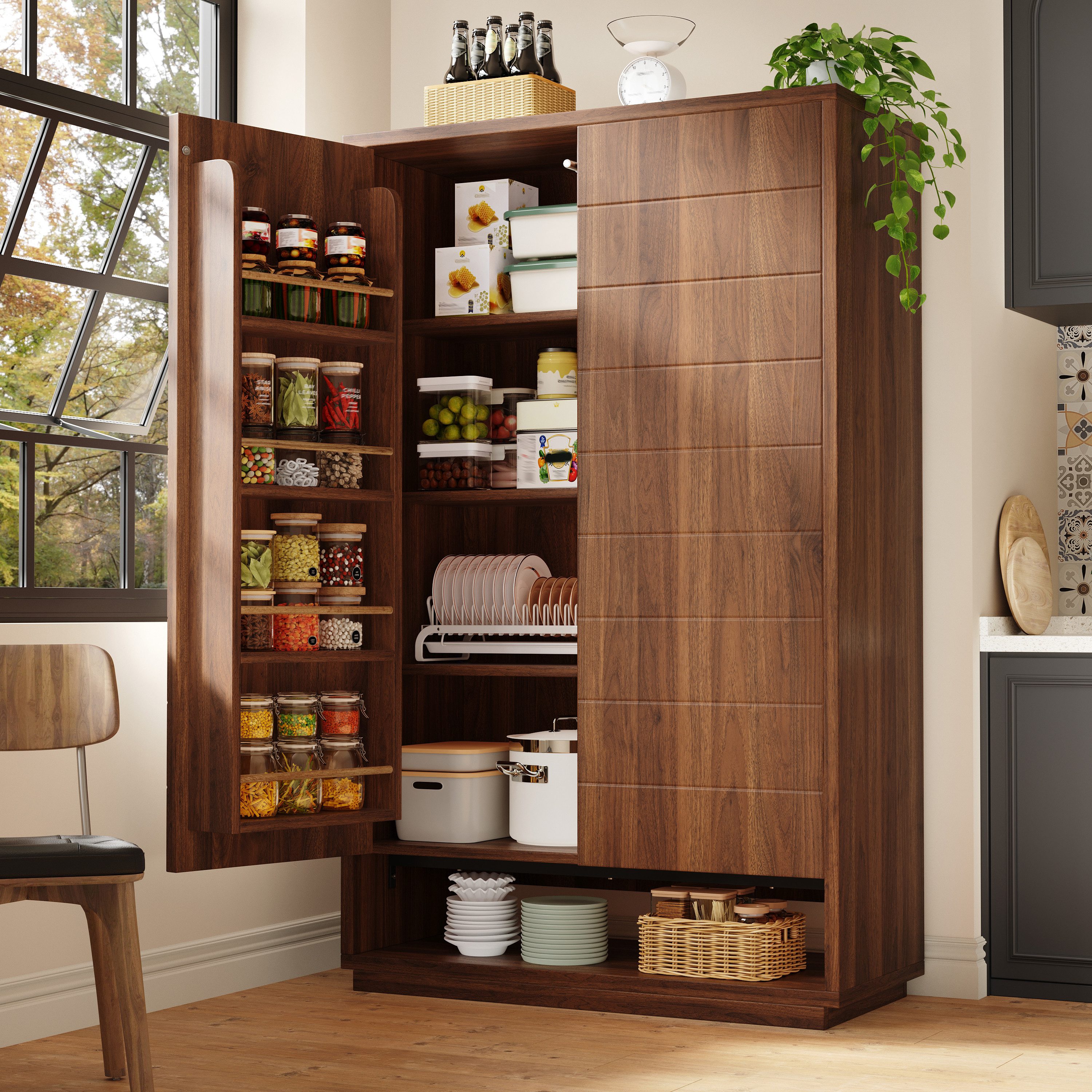 Flieks Hochschrank Mehrzweckschrank Vorratsschrank mit Türablagen, 9 Staufächern (100x40x162,5 cm, 1-St., Push-to-Open Türen & Kippsicherung) Multifunktionsschrank Küchenschrank Standvitrine Walnussholzfarbe