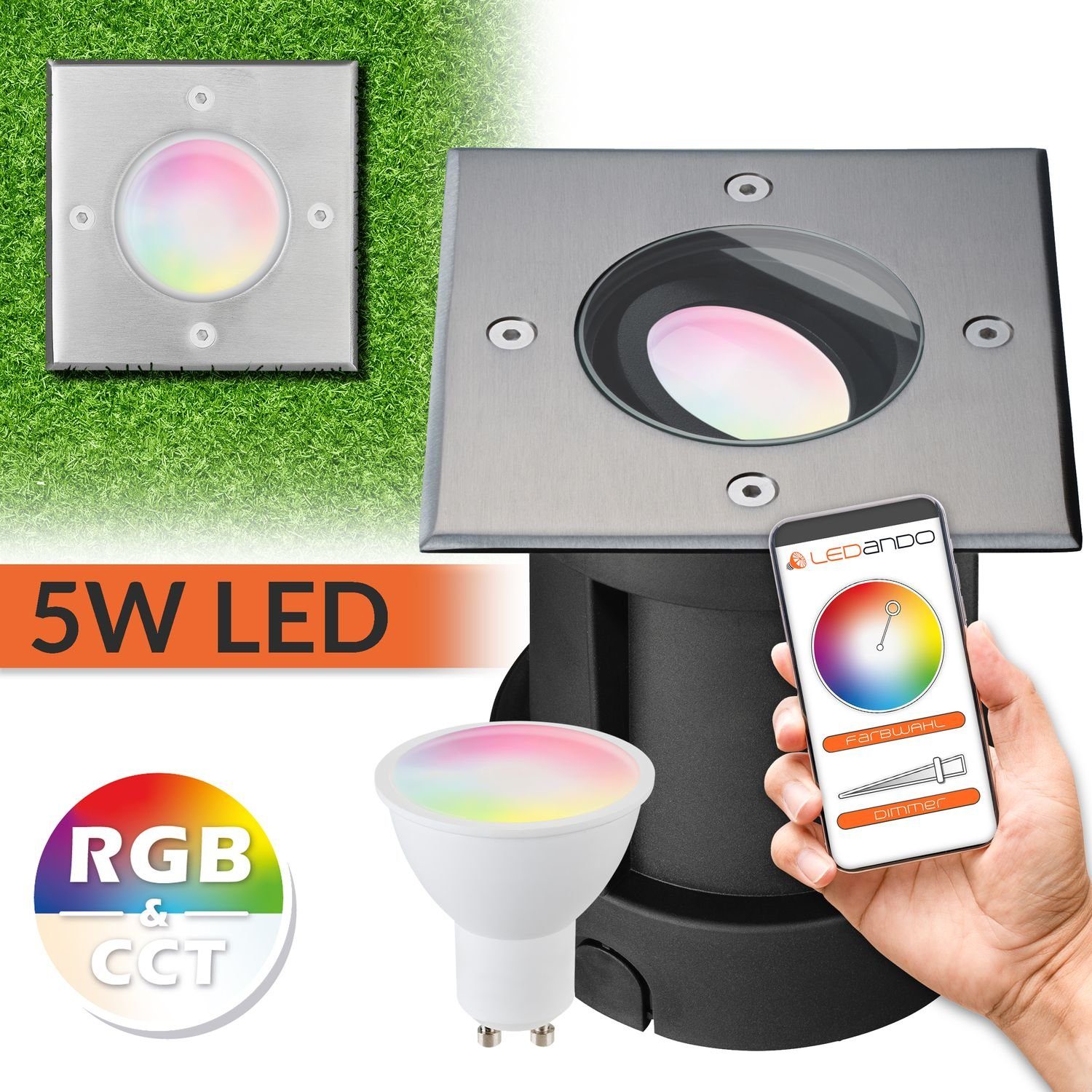 LEDANDO LED steuerbar 5W Bodeneinbaustrahler - LED App - per Smart Einbaustrahler + RGB Set WiFi