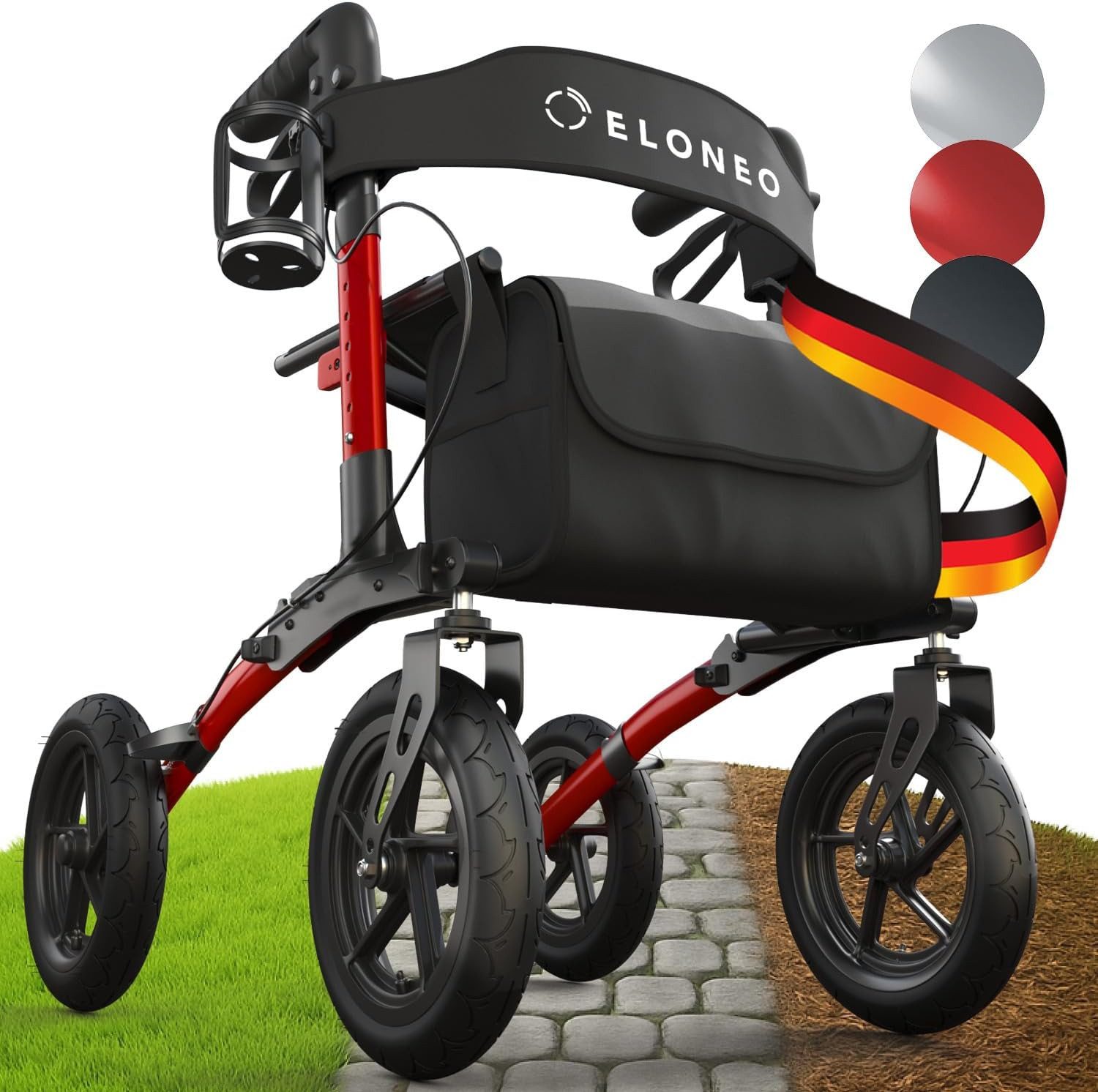 ELONEO Rollator faltbar & leicht, Outdoor Rollator mit Sitz & Luftbereifung, Klick & Go System, feststellbare Bremse, Lufträder