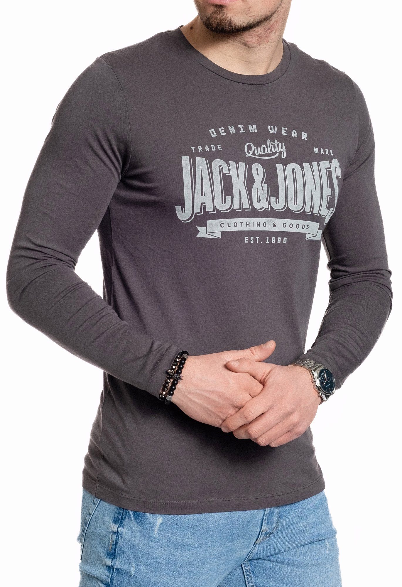 Baumwolle, & mit vorne Jones Asphalt-Grey Jack Langarmshirt Print aus