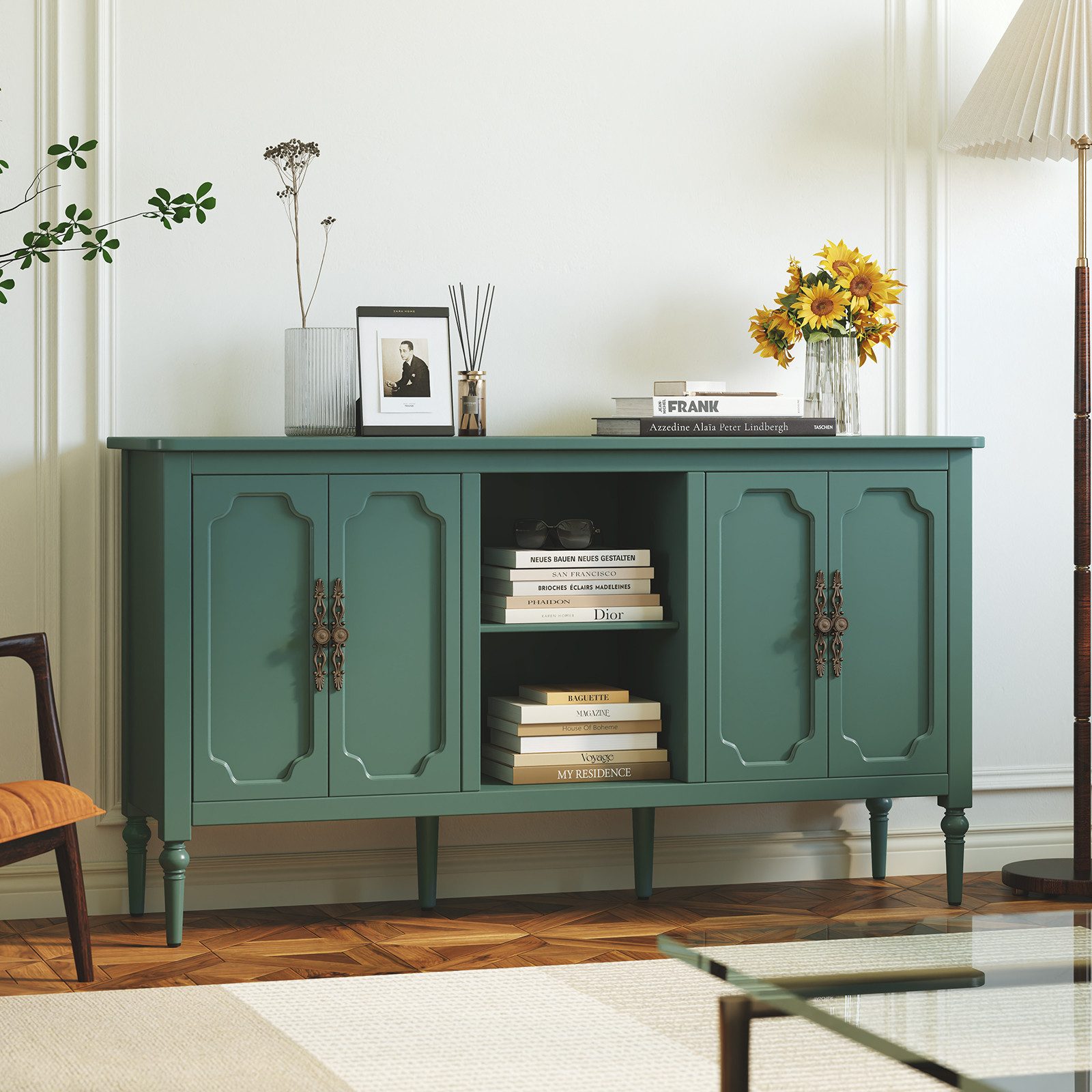HOLTICO Sideboard Buffet Schrank mit 4 Türen und offenem Regal, Vintage Akzent Kommode (1 St), TV-Schrank, Küchenschrank, Kredenz, und Weinschrank – Bild 4 von 5