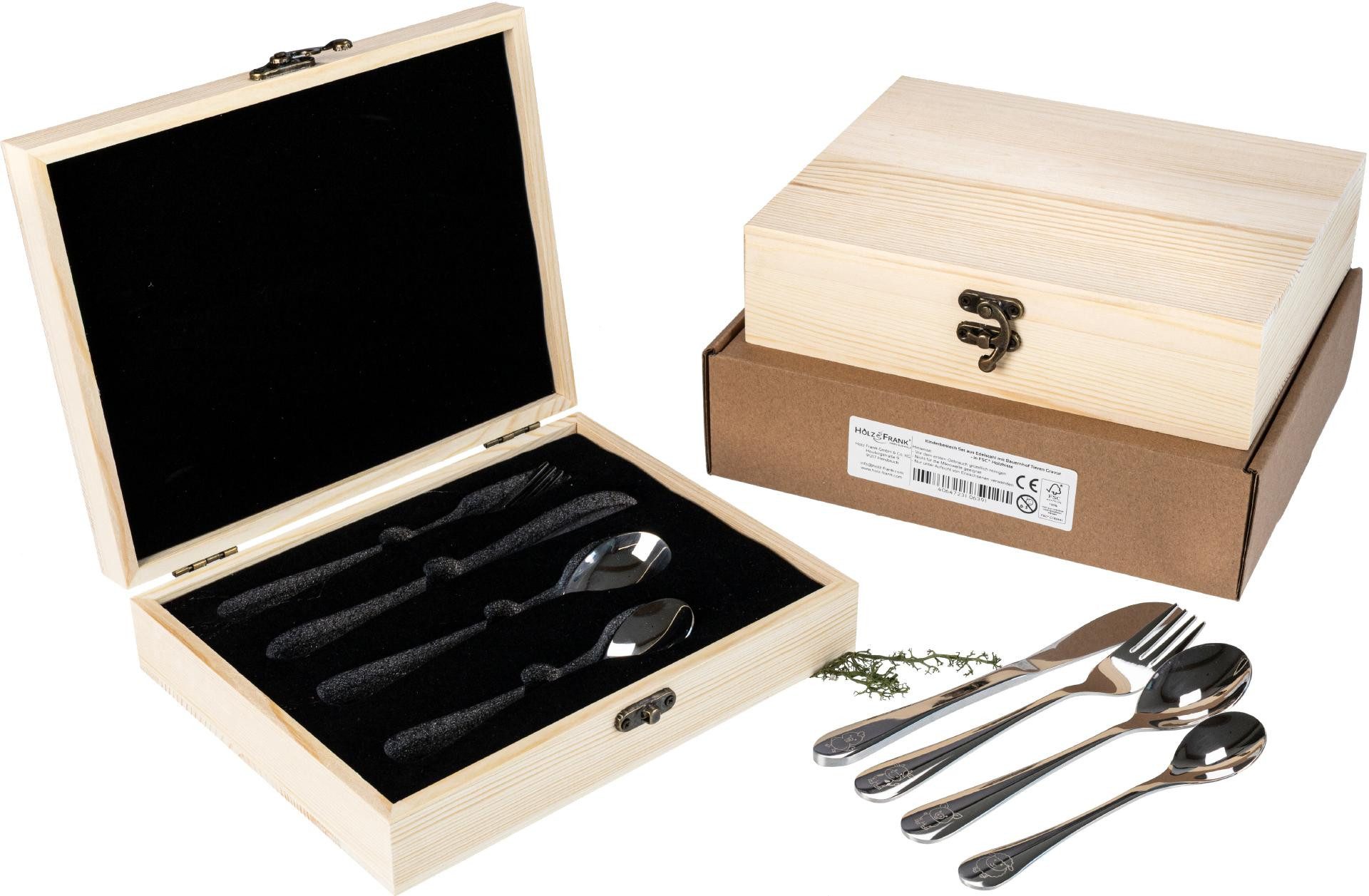 Holz Frank Kinderbesteck Kinderbesteck Set aus Edelstahl mit Bauernhof Gravuren - in Holzkiste (5-tlg), 1 Personen, Edelstahl
