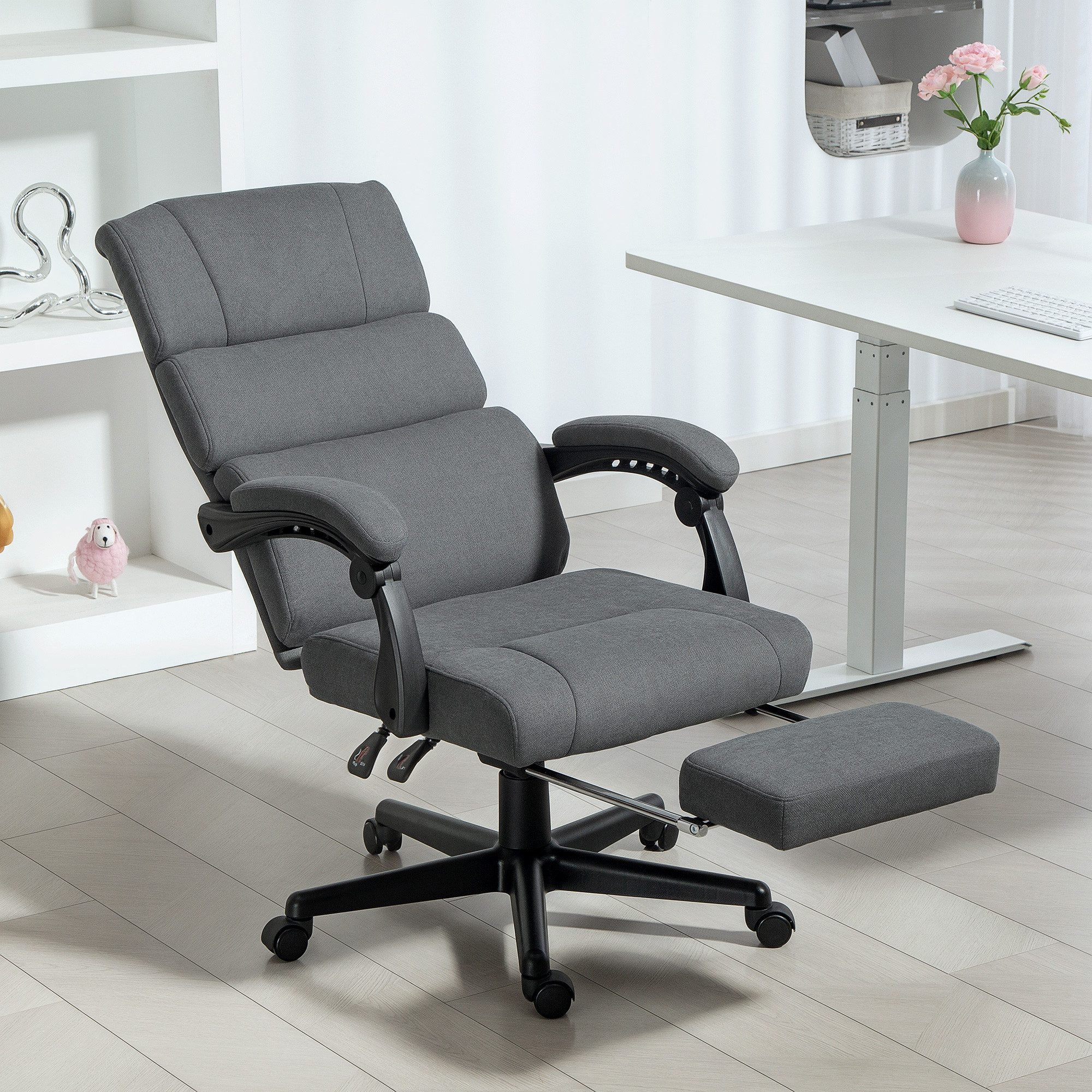 HOMCOM Schreibtischstuhl Bürostuhl, mit Armlehne, Fußstütze, mit Samt-Optik Computerstuhl (Drehstuhl, 1 St), für Arbeitszimmer, Büro, Dunkelgrau