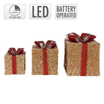 ECD Germany Weihnachtsfigur Geschenkboxen Weihnachten Weihnachtsdekogeschenk Weihnachtsgeschenkbox, 3er Set LED mit Schleifen Hellbraun-Rot Warmweiß batteriebetrieb Timer