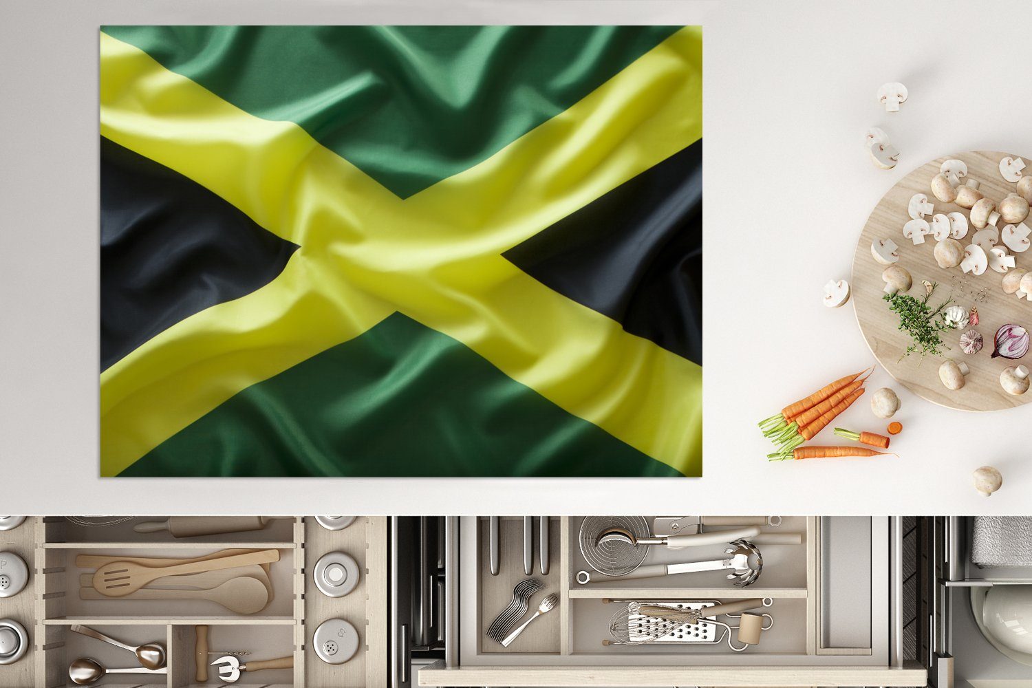 cm, Vinyl, Mobile Herdblende-/Abdeckplatte MuchoWow 70x52 Arbeitsfläche gewellte jamaikanische Flagge, tlg), Ceranfeldabdeckung Eine (1 nutzbar,