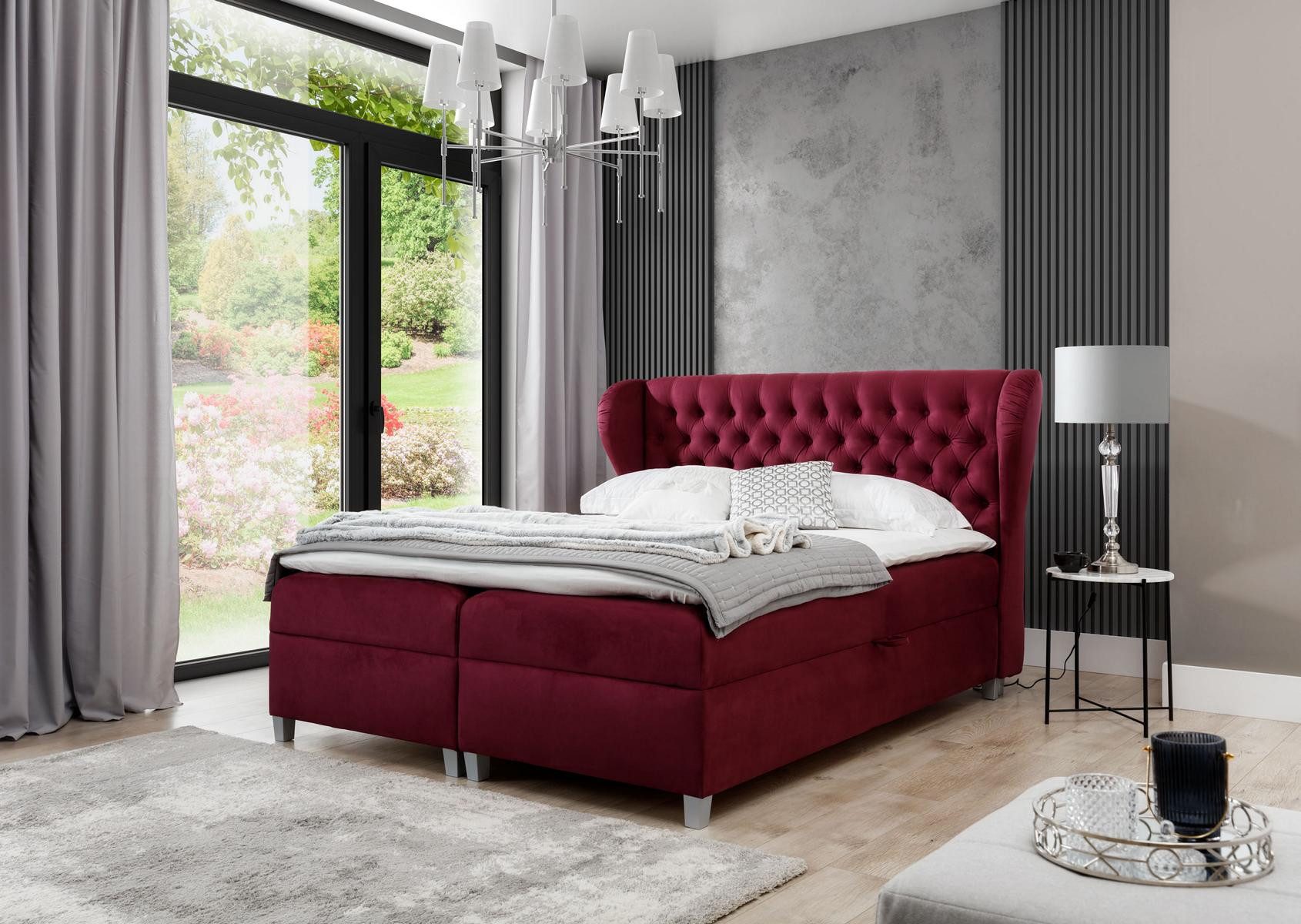 JVmoebel Boxspringbett Polsterbett aus Holz in Lila mit Chesterfield-Knöpfen und Stauraum (1-St)