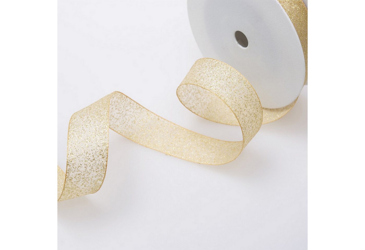 Thumbnail - Deko AS Dekoband Organzaband mit Goldglitter hellbraun - 25 mm Breite auf 20 m Rolle…