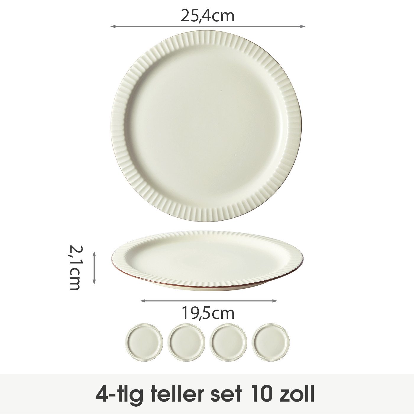 JIWOO Teller 4er Ø25,4cm, Steakteller Salatteller Pastateller Dessertteller Plate, (4 St), Keramik Hochwertiges Tellerset Weiß Mikrowellen spülmaschinenfest
